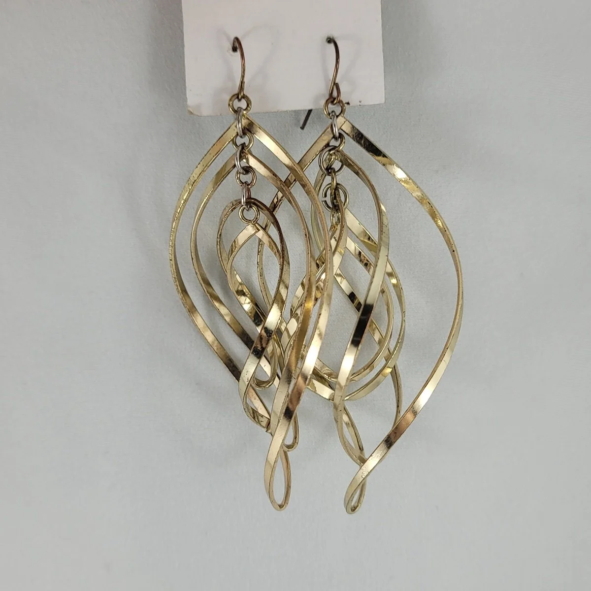 Modernist Quadruple Twist Diamond Shape Helix Spiral Polished Goldtone 3.5 Inch Drop Pierced Earrings Front View