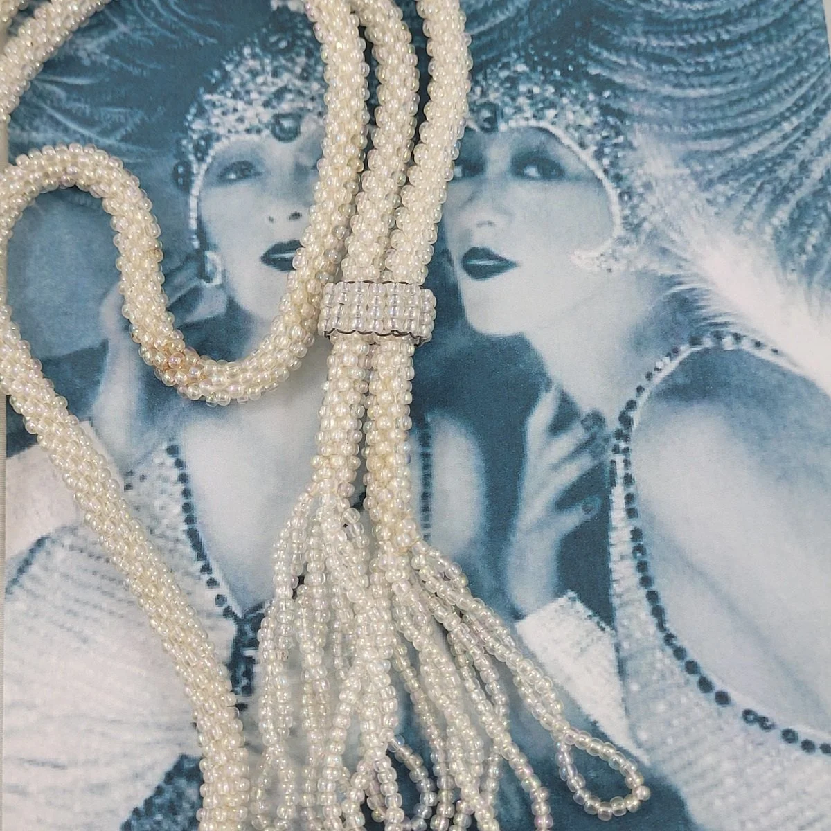 Art Deco Flapper Braided Woven Iridescent Glass Seed Bead Tassel Sautoir Necklace w Slider -5.jpg (Copy)