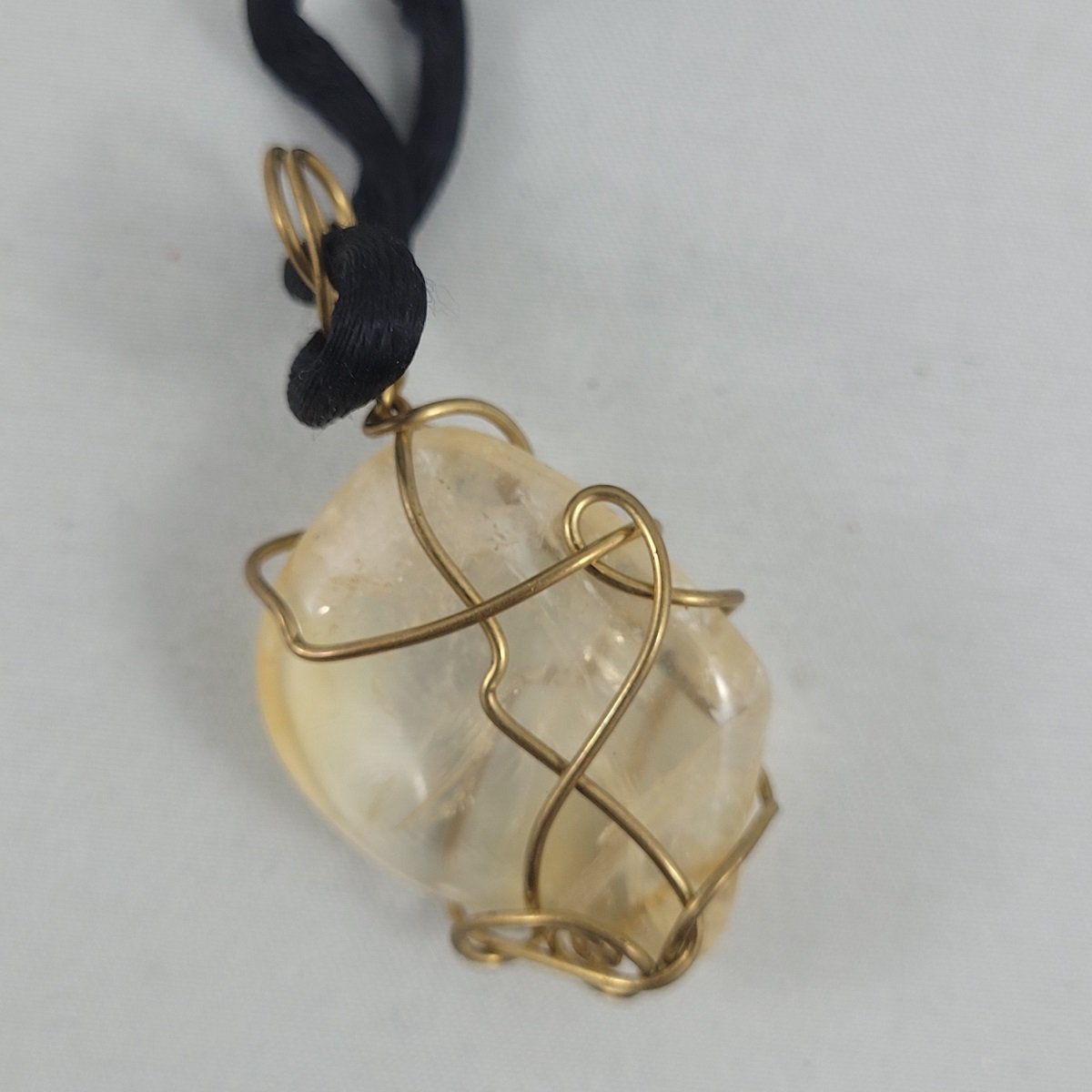 Brass Wire Wrapped Polished Genuine Quartz Stone 1.75 Inch Pendant Satin Black Corded Necklace Backside