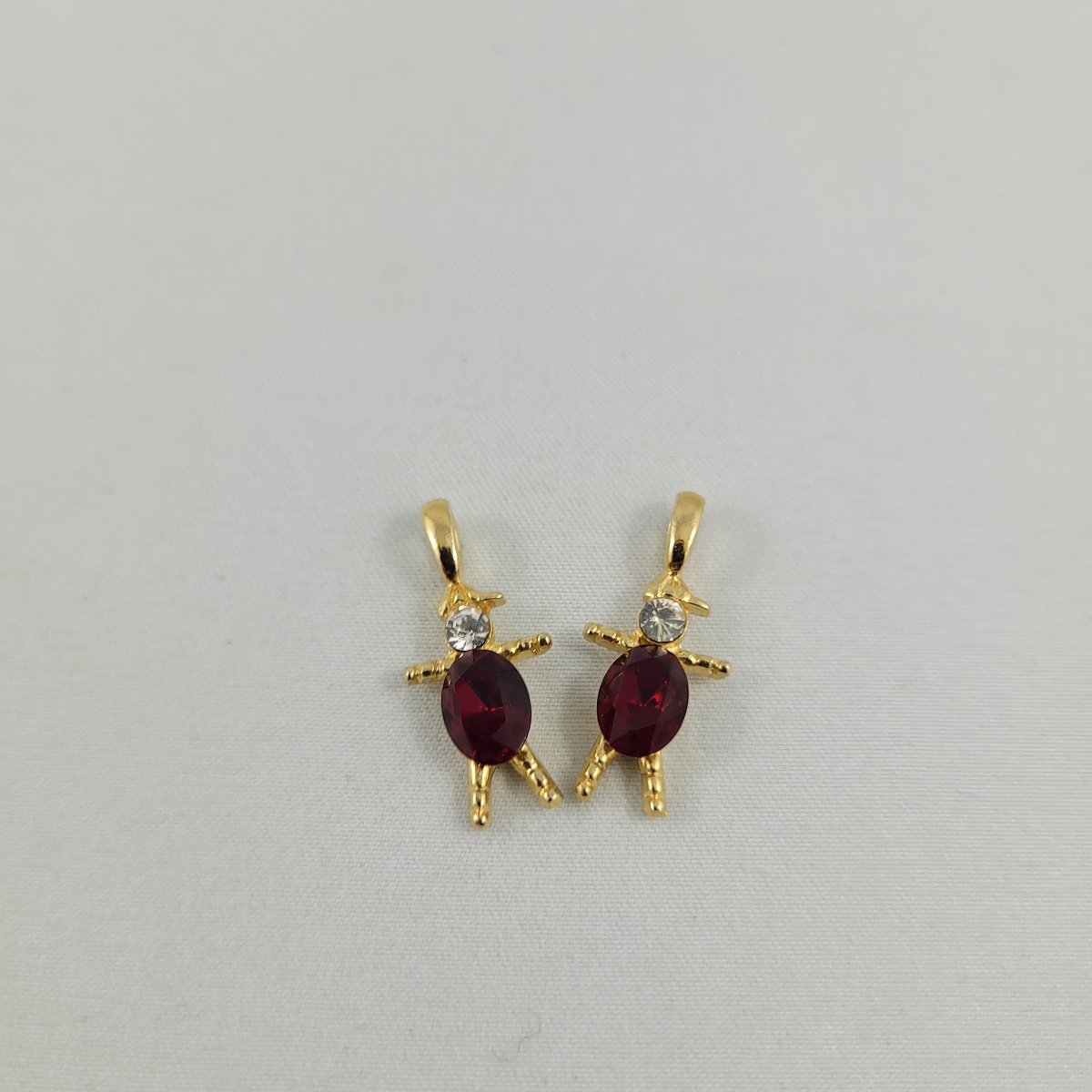 Red Gem Belly Faceted Clear Glass Chaton and Oval Rhinestone Gold-tone Figural Person 1 Inch Charm Pendant Pair