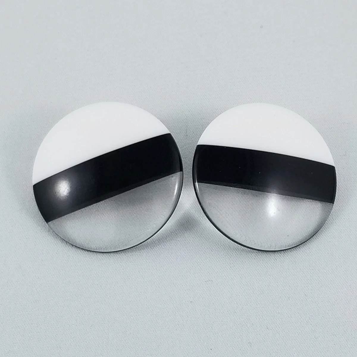 Op-Art Ice-Clear Tri-Band Monochrome Lucite Domed Disk Pierced Earrings.jpg