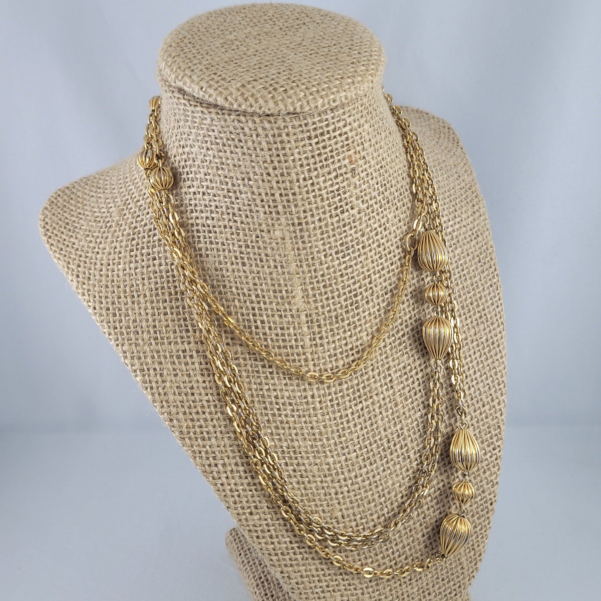 Double Gold Flat Cable Chain Fixed Ribbed Beads 54 Inch Rope Necklace