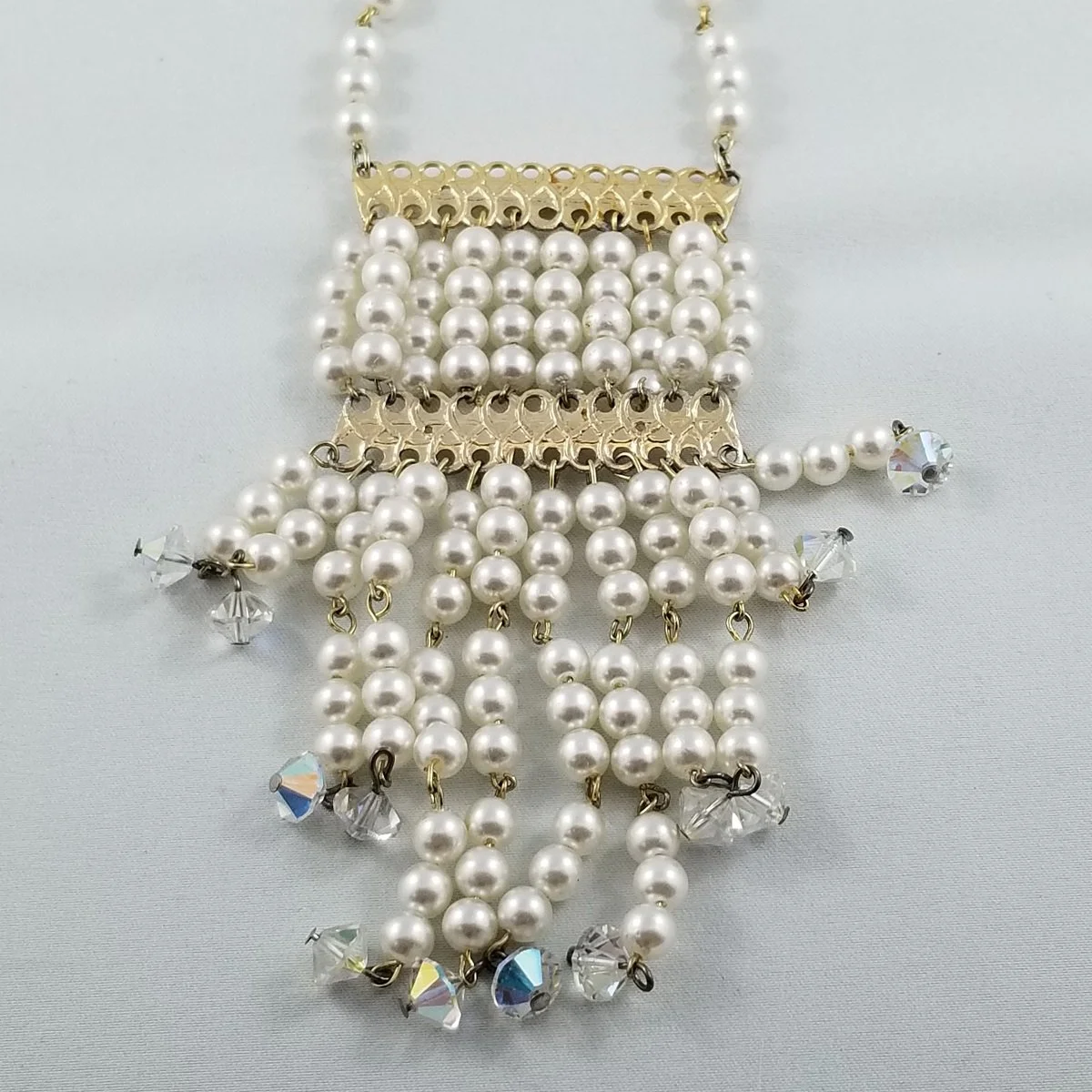 Hollywood Regency Bib Festoon Swarovski AB Pearl Waterfall Necklace.jpg