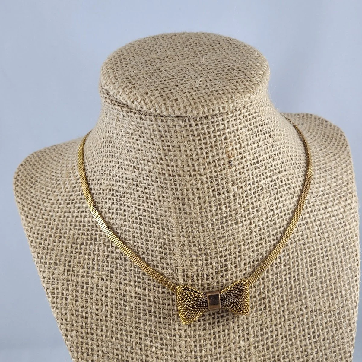 1950's - 1960's Gold Flat Mesh Chainmaille Bow 16 Inch Choker Necklace -4.jpg (Copy)