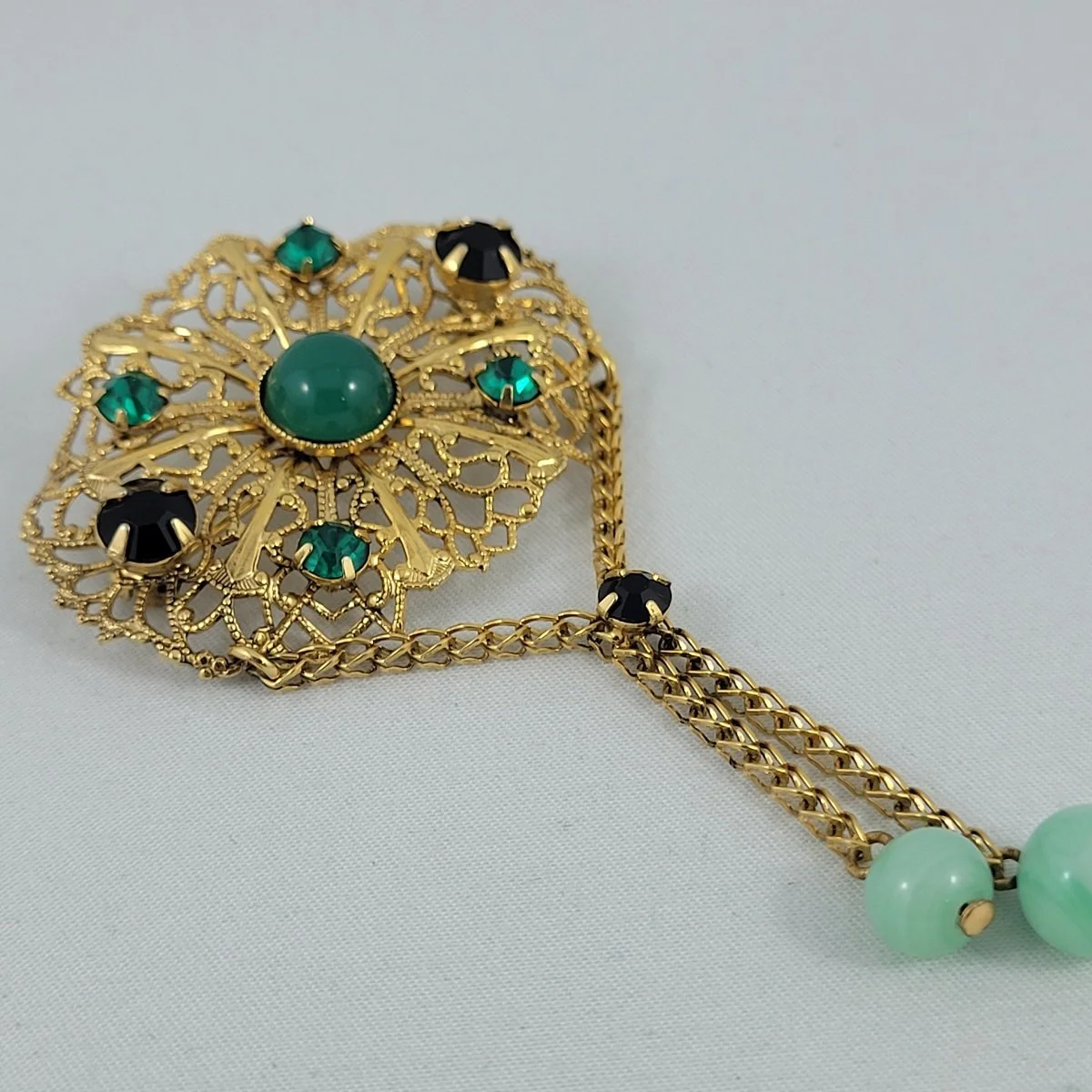 Intricate Ruffled Gold Filigree Chrysoprase Jade Glass Prong Set Black Green Rhinestone Swag Chain Dangle Chatelaine Brooch -1.jpg
