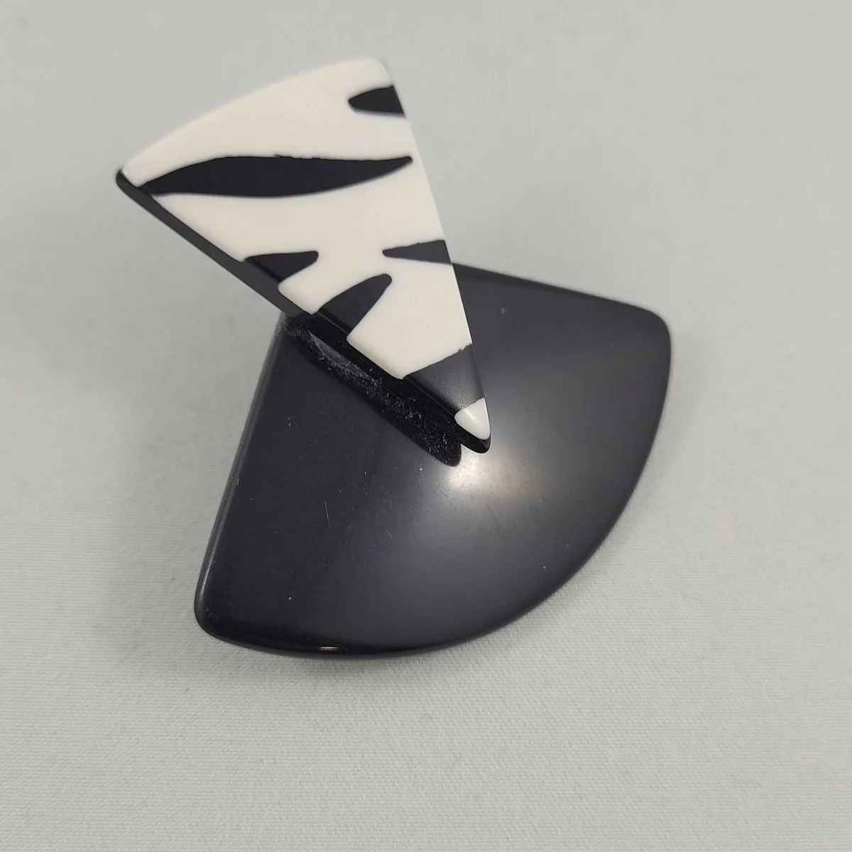 Monochrome Geometric Triangular Fan Black White Zebra Striped Layered Laminated Plastic Pierced Earrings -3.jpg
