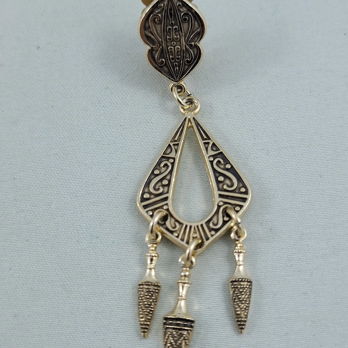 Deco Damascene Toledoware Style Gold Relief Triple Dangle Drop 2.875 Inch Clip-on Earrings -2.jpg