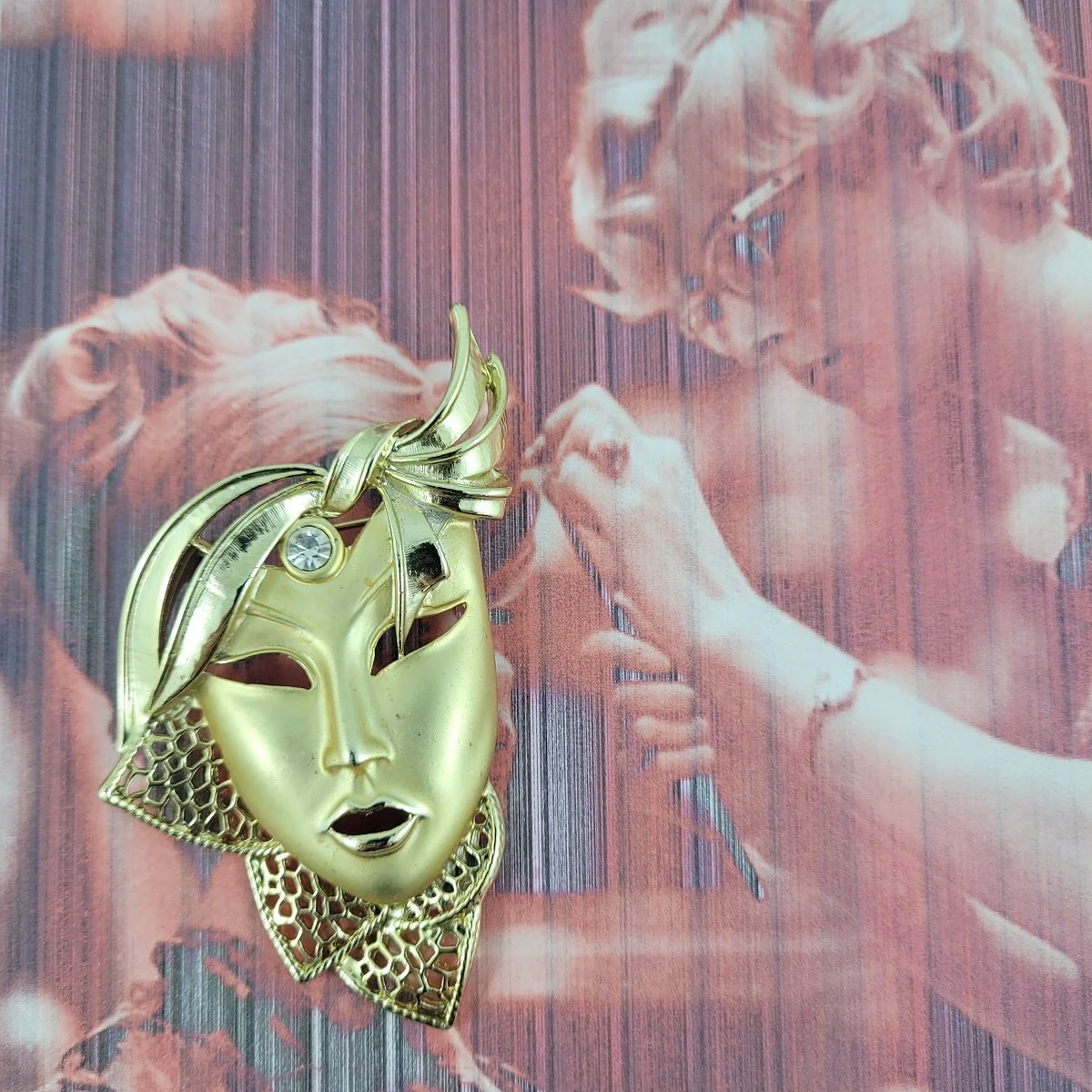 Masquerade Marti Gras Theatre Mask Deco 80's Flapper Satin Matte Gold Plated Filigree Perforated Brooch w Solo Chaton Clear Crystal Rhinestone -3.jpg (Copy)