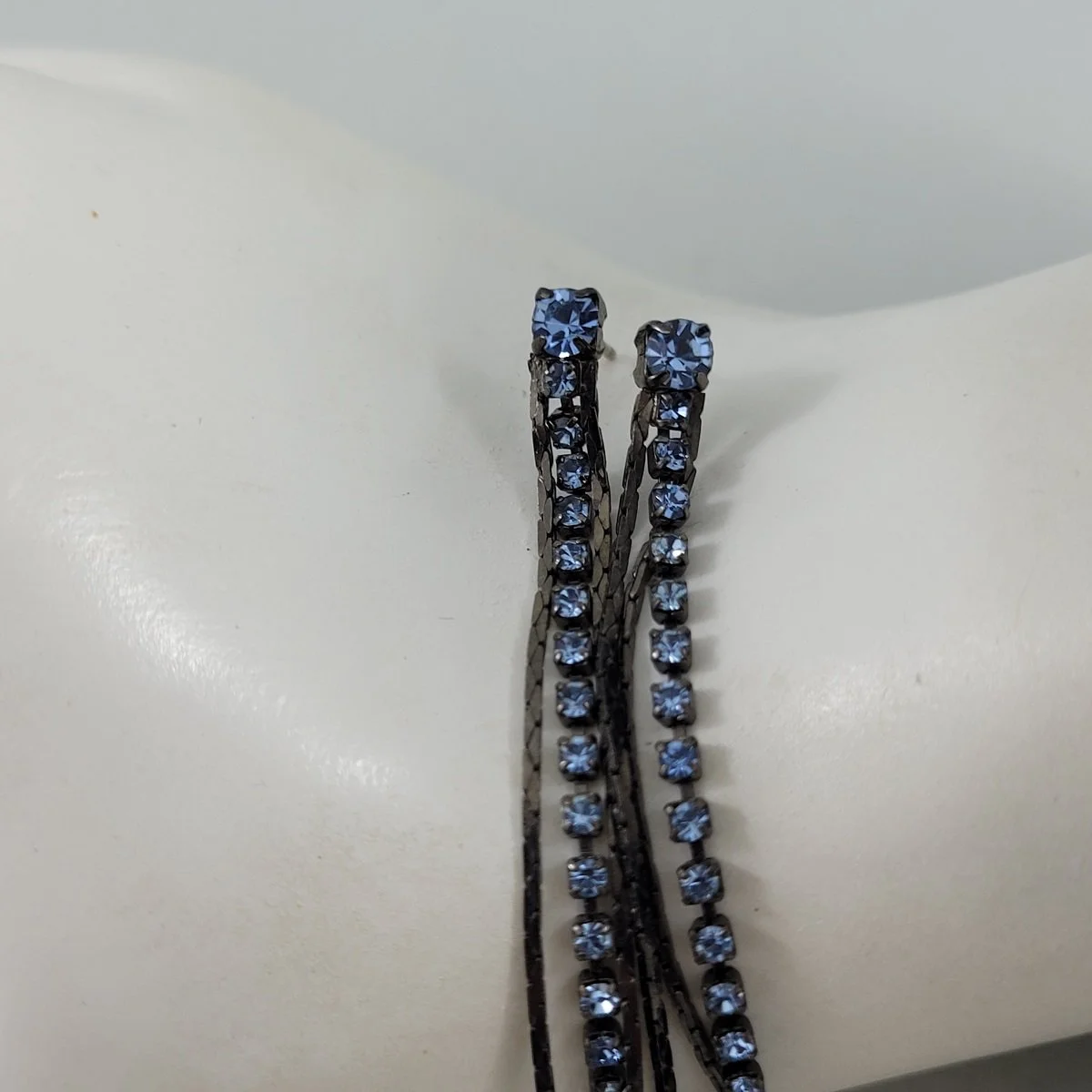 Japanned Metal Blue Rhinestone Cup Chain Snake Chain 3.25 Inch Cascade Triple Drop Pierced Earrings -4.jpg