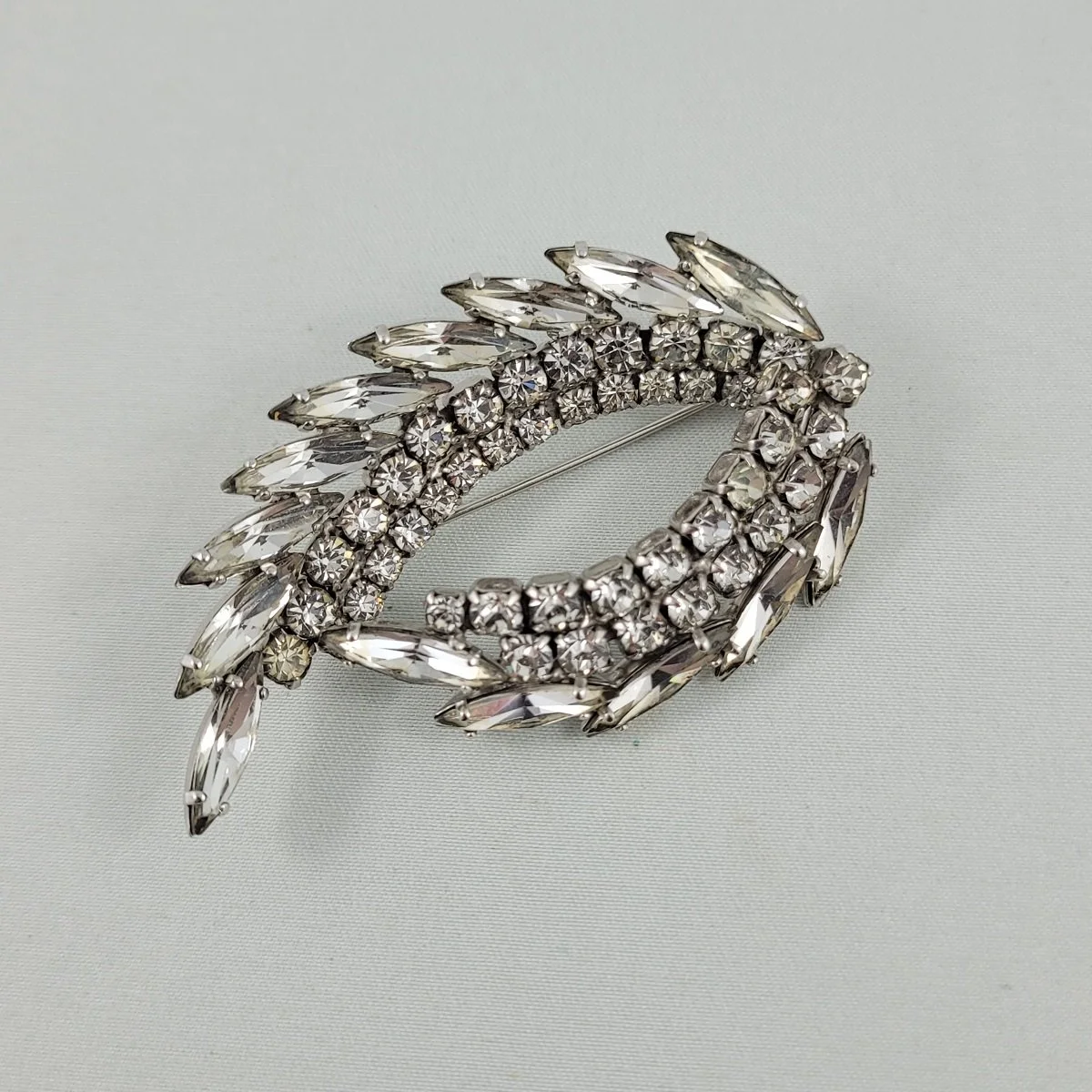 Sherman Attributed Prong Set Clear Navette Chaton Rhinestone Three Dimensional Rhodium Plated Shrimp Brooch