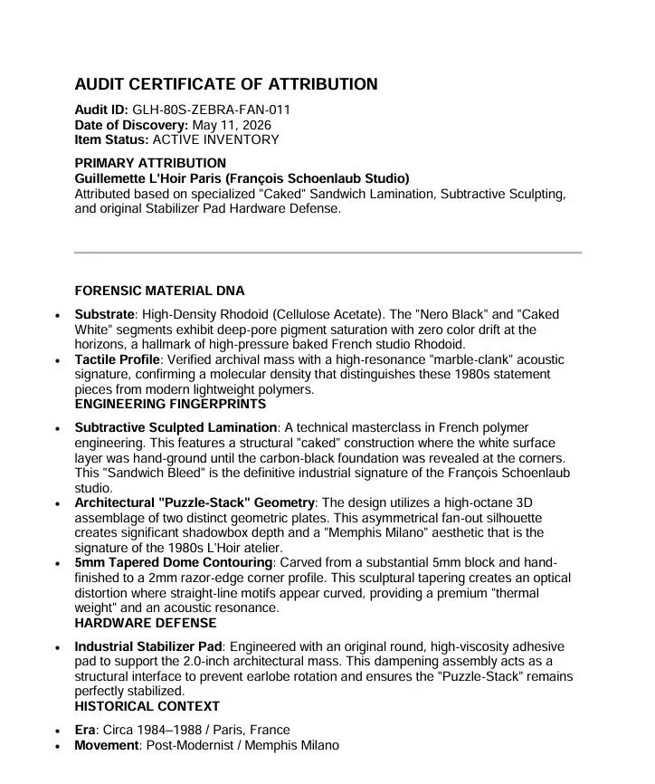 J587 - Guillemette L'Hoir Paris Memphis Milano Monochrome Zebra Rhodoid Fan Pierced Earrings François Schoenlaub AUDIT CERTIFICATE OF ATTRIBUTION.JPG