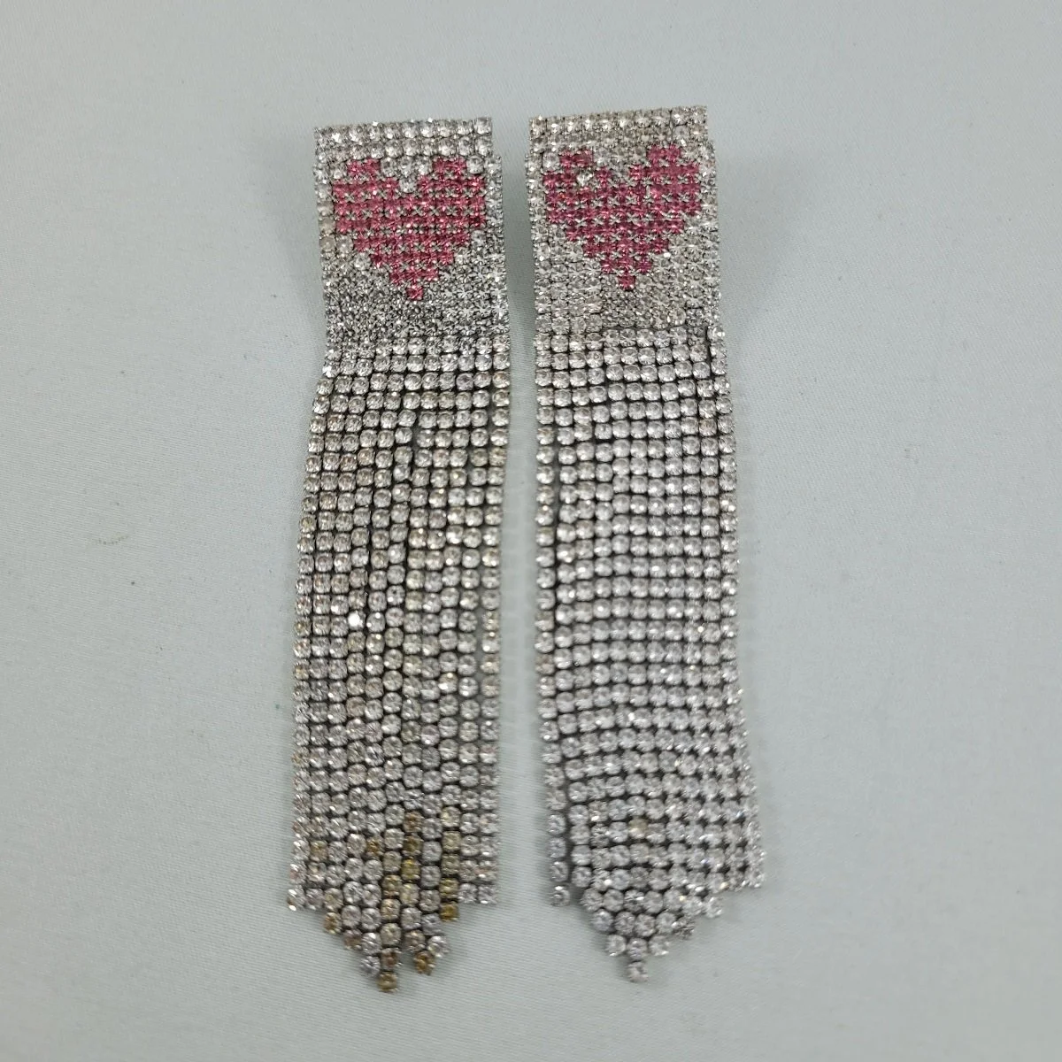 Cascading Clear Pave Rhinestone Pink Heart Pierced Duster Earrings