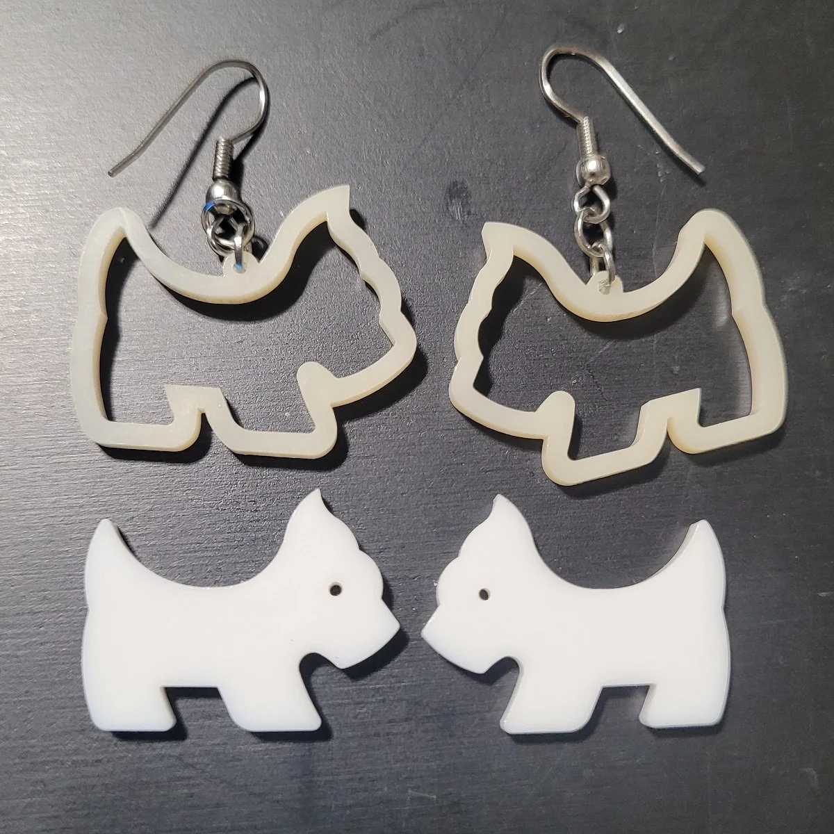 Scottish Terrier Dog White Translucent Plastic 2 in 1 Convertible Drop Pierced Earrings Close Up
