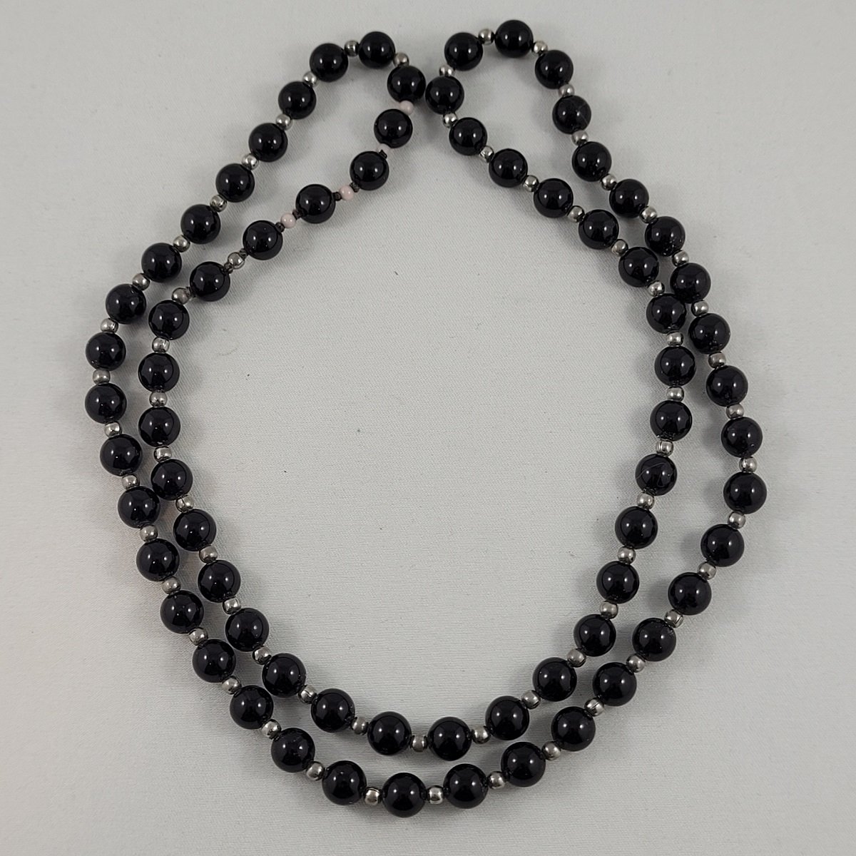 Genuine Black Onyx Stone Sterling Silver Spacer Bead Infinity Necklace