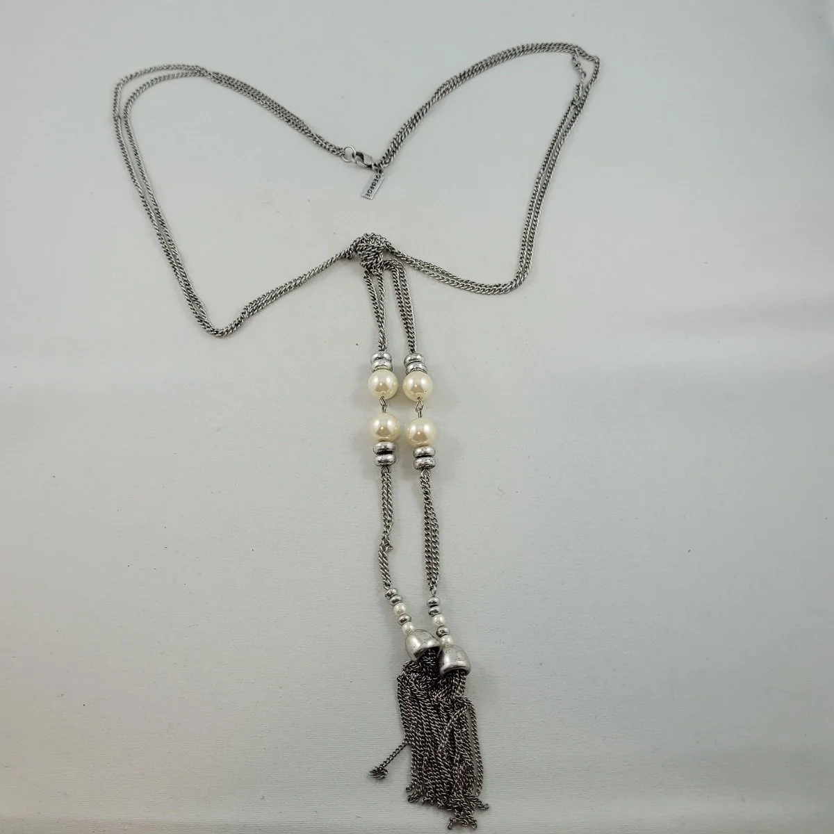 GEORGE Double Strand Silver-tone Curb Chain Faux Pearl Bead 28 Inch Flapper Style Sautoir Tassel Necklace Front View