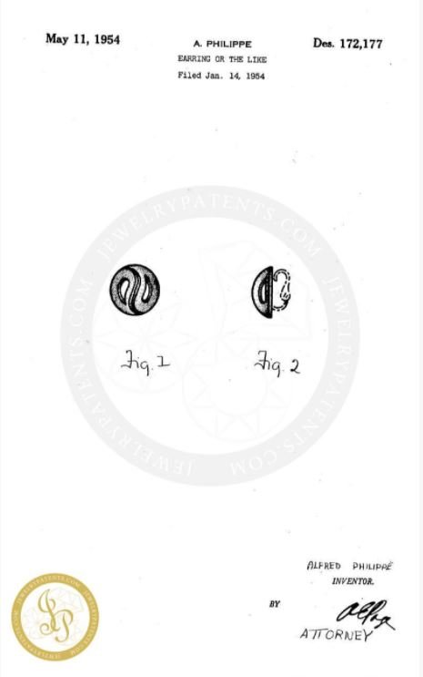 Alfred Philippe Crown Trifari 1954 Trifarium Gold-plated Textured Paisley Swirl Clip-on Earrings - PATENT.JPG (Copy)