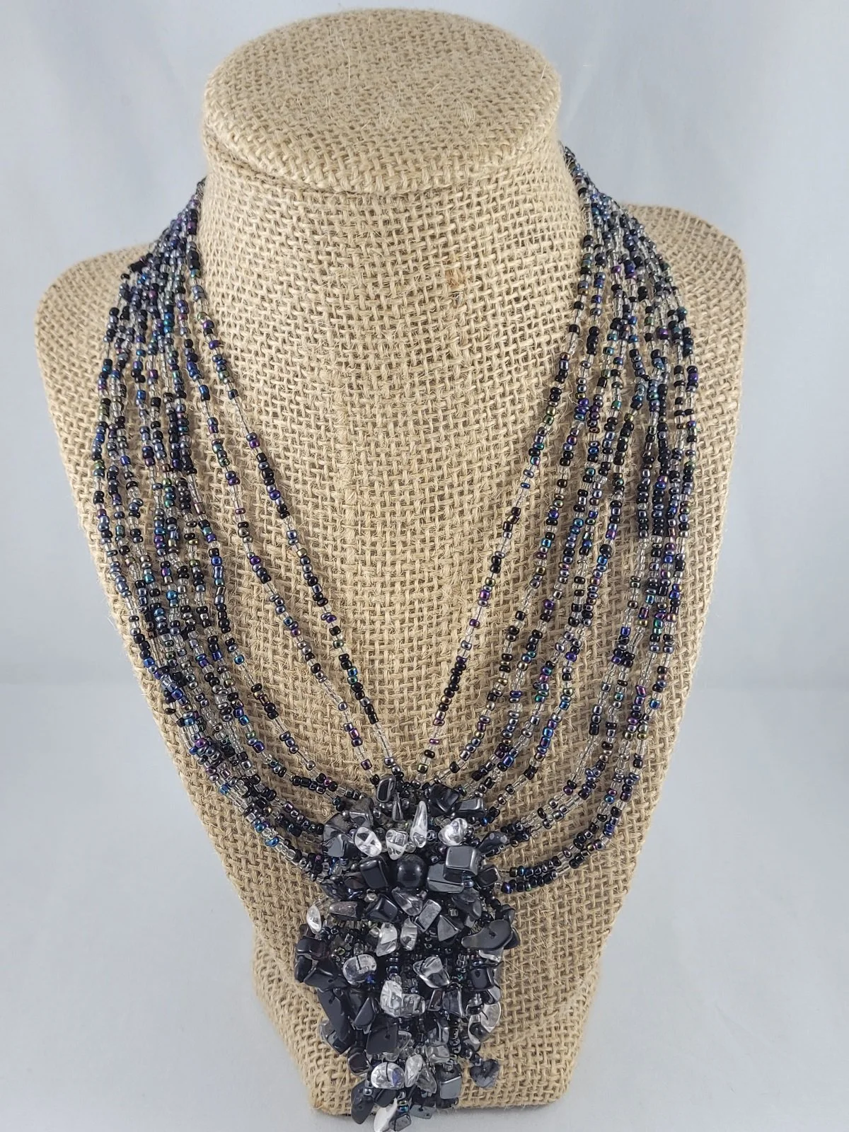 Couture Stanley Hagler Style 1980's Black Onyx and Hematite Multi-Strand Festoon Necklace -3.jpg