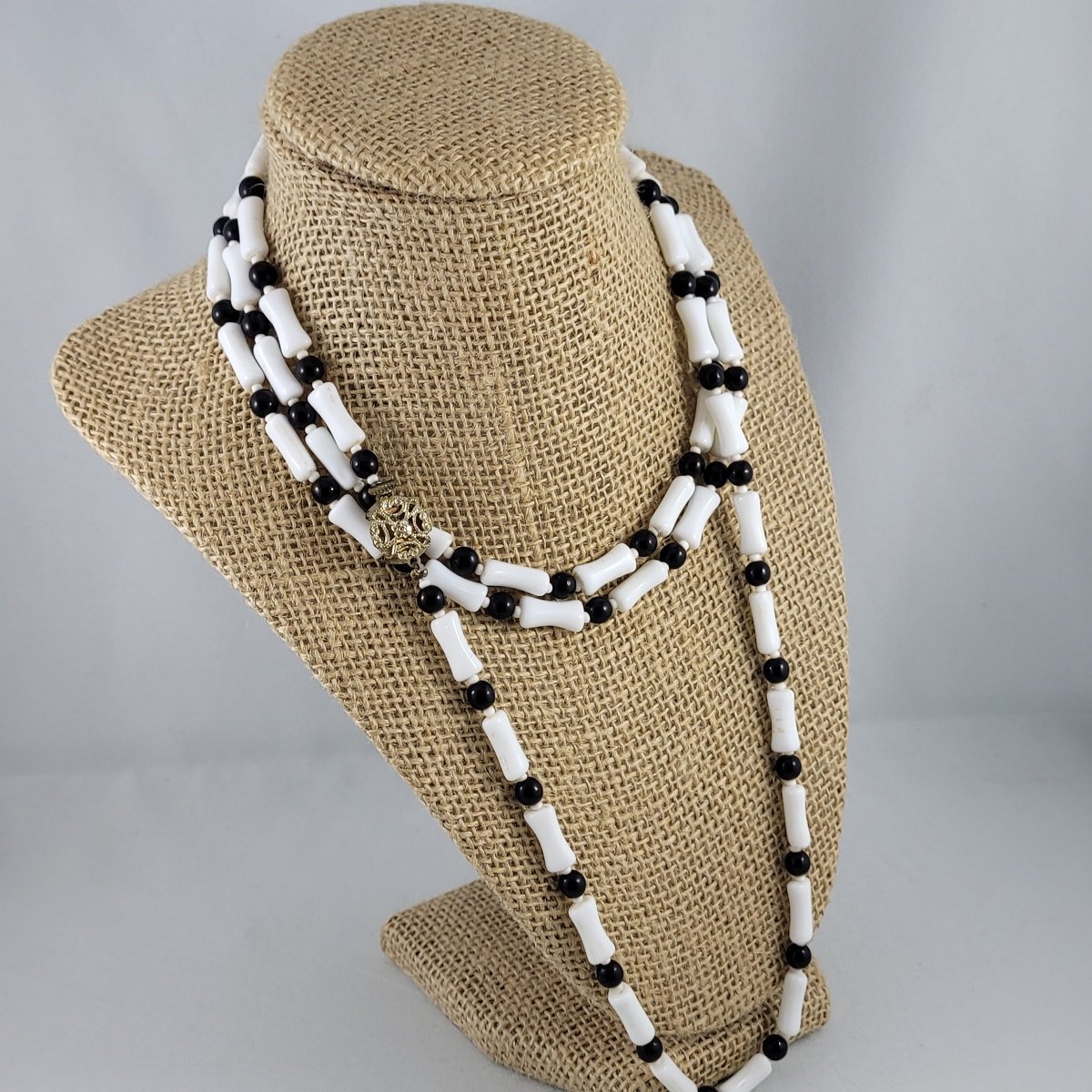 Monochrome Milk Glass Bone Bead Black Round Glass Beaded 55 Inch Rope Necklace w Filigree Box Clasp.jpg