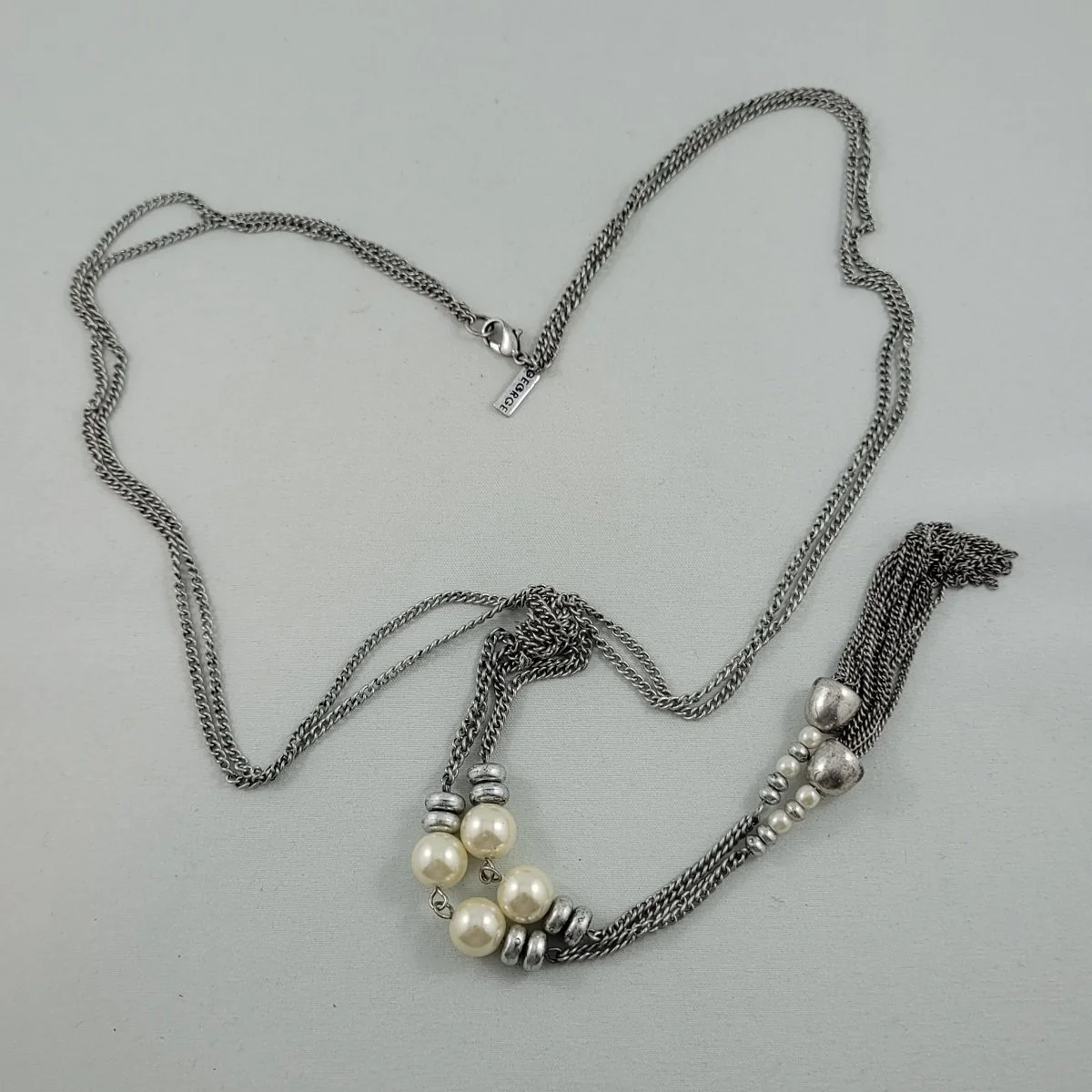 GEORGE Double Strand Silver-tone Curb Chain Faux Pearl Bead 28 Inch Flapper Style Sautoir Tassel Necklace Backside