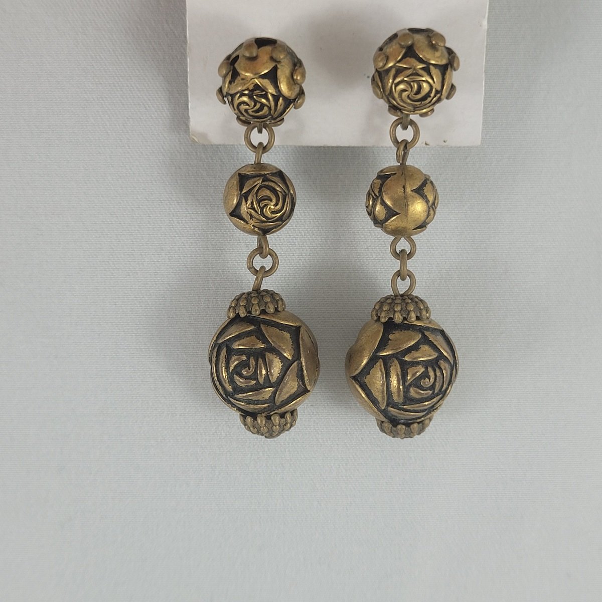 Art Nouveau Antiqued Brass Triple Carved Rose 2 Inch Drop Dangle Pierced Earrings
