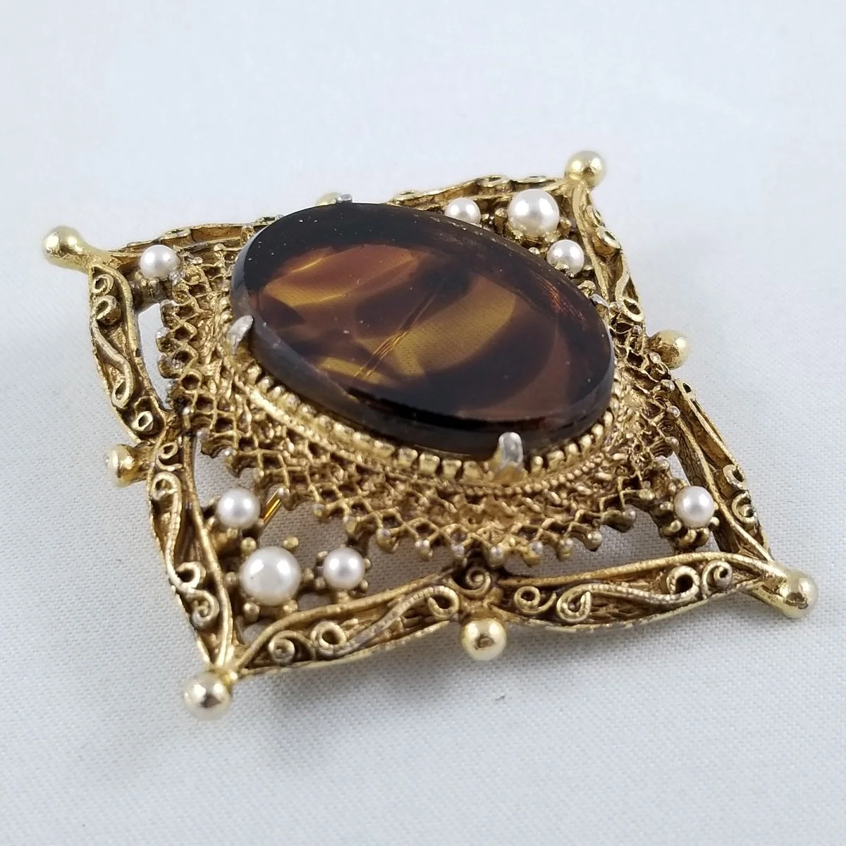 Florenza Victorian Gothic Gold-tone Filigree Tortoise Glass Seed Pearl Pin Brooch -1.jpg