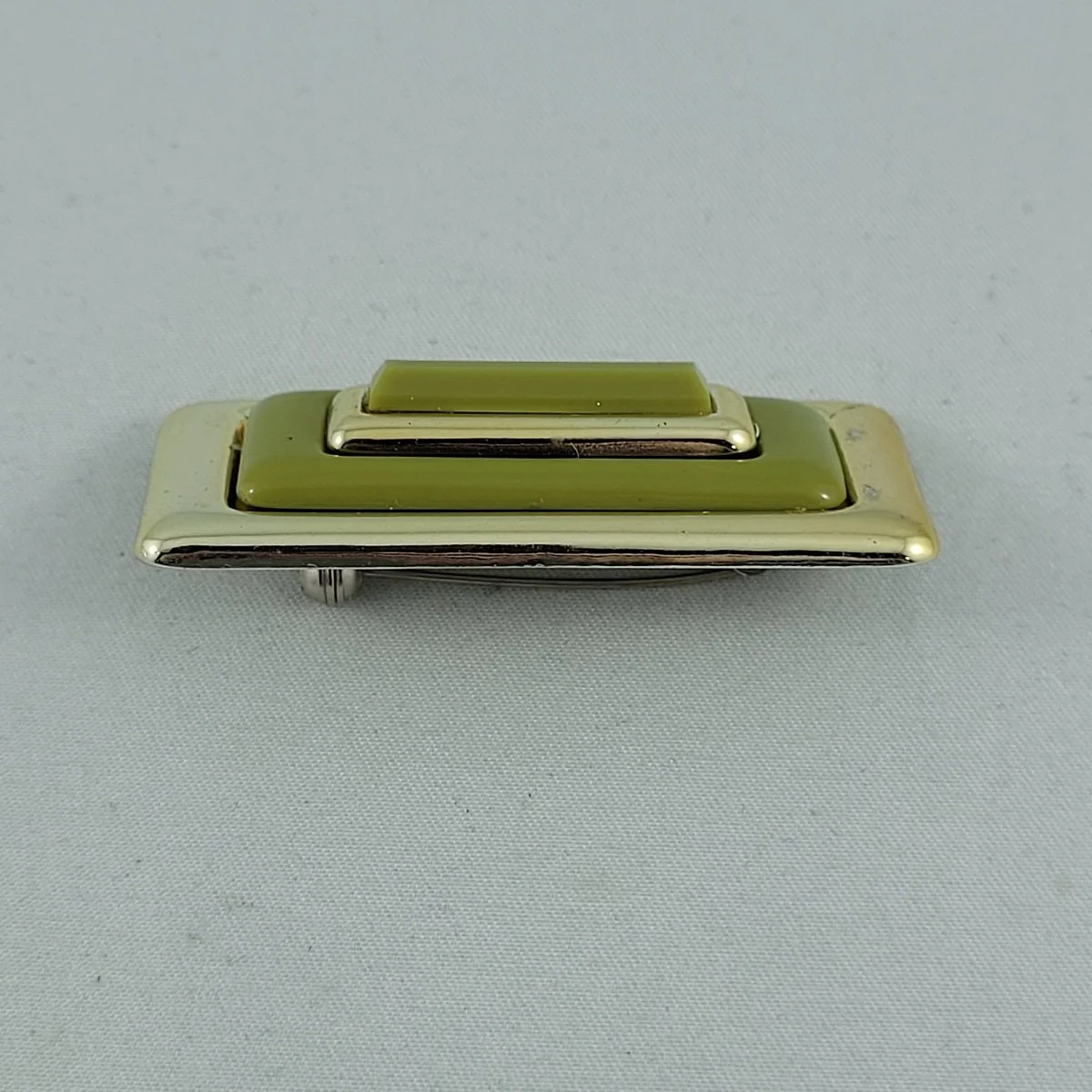 Art Deco Geometric Chartreuse Gold Layered Plastic 2.125 Inch Rectangular Pyramid Brooch -4.jpg