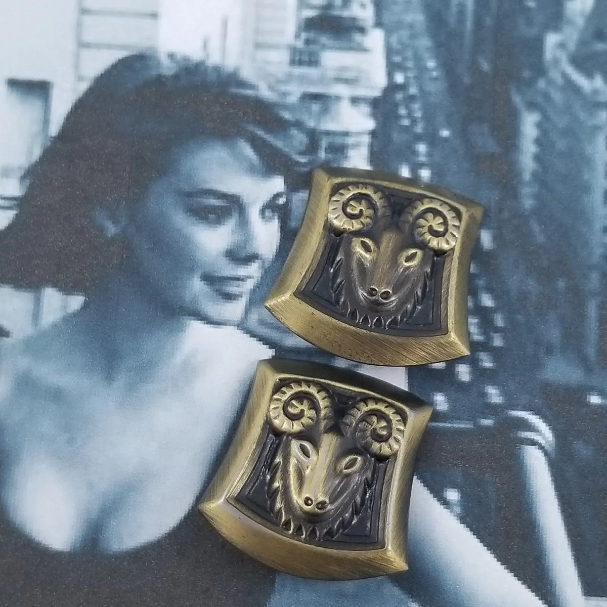 Vintage Zodiac Aries Ram Goat Head Antiqued Brass-tone Repousse Clip-on Earrings -2.jpg