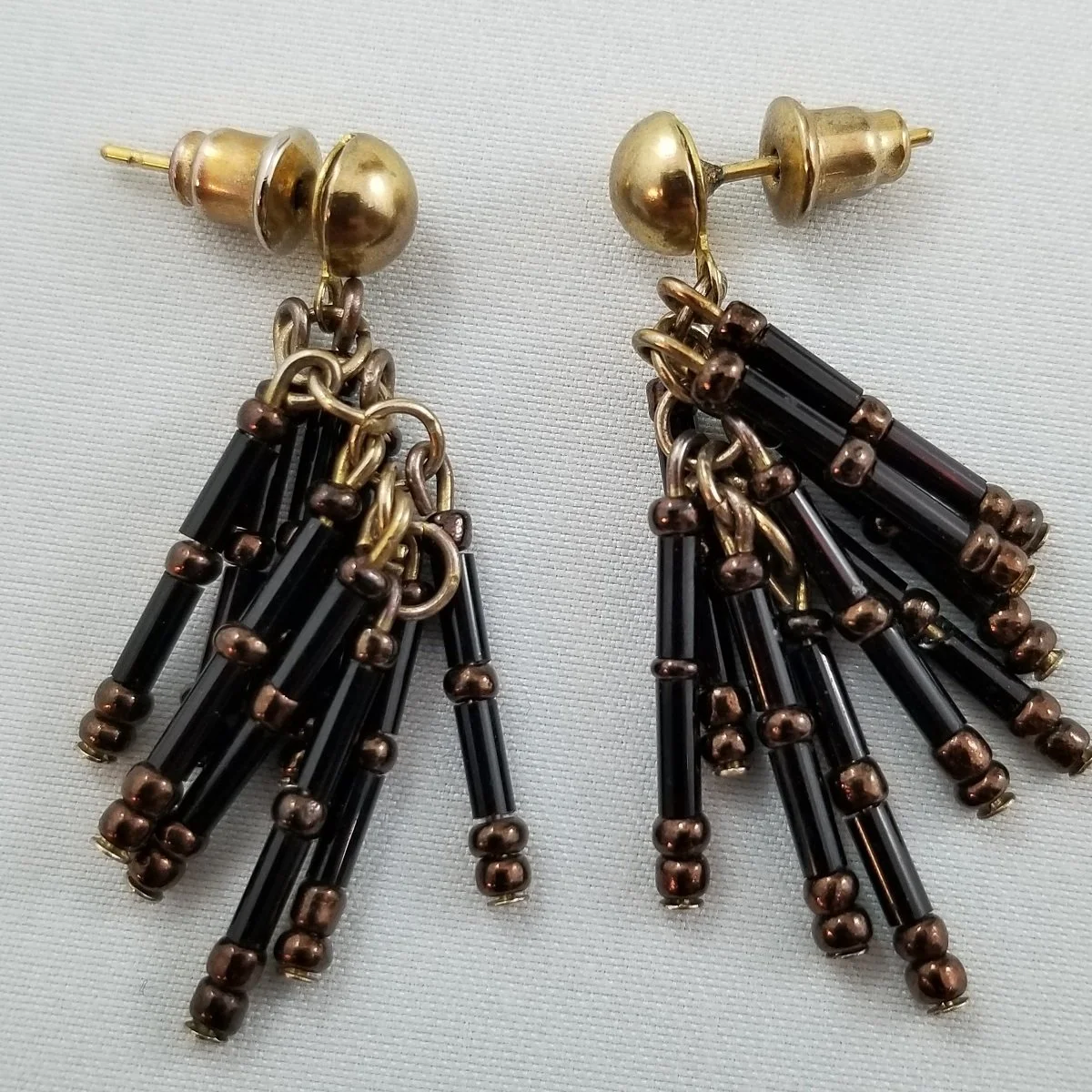 Black Bronze Glass Bugle Bead Fringe Collar Necklace Pierced Earrings Demi-Parure Set -5.jpg