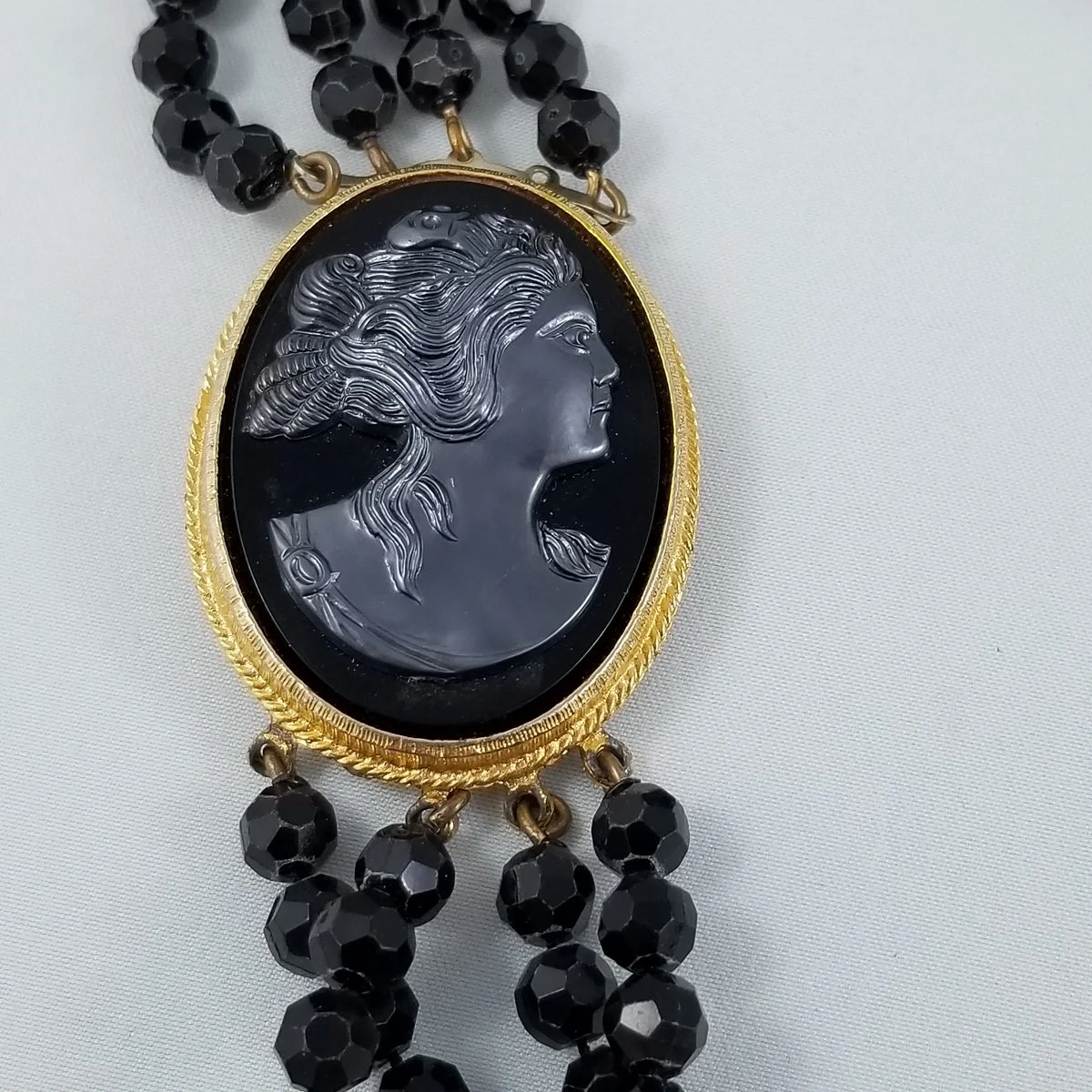 Mourning Style Gothic Simulated Hematite Cameo Multi-strand Gilt Necklace -1.jpg