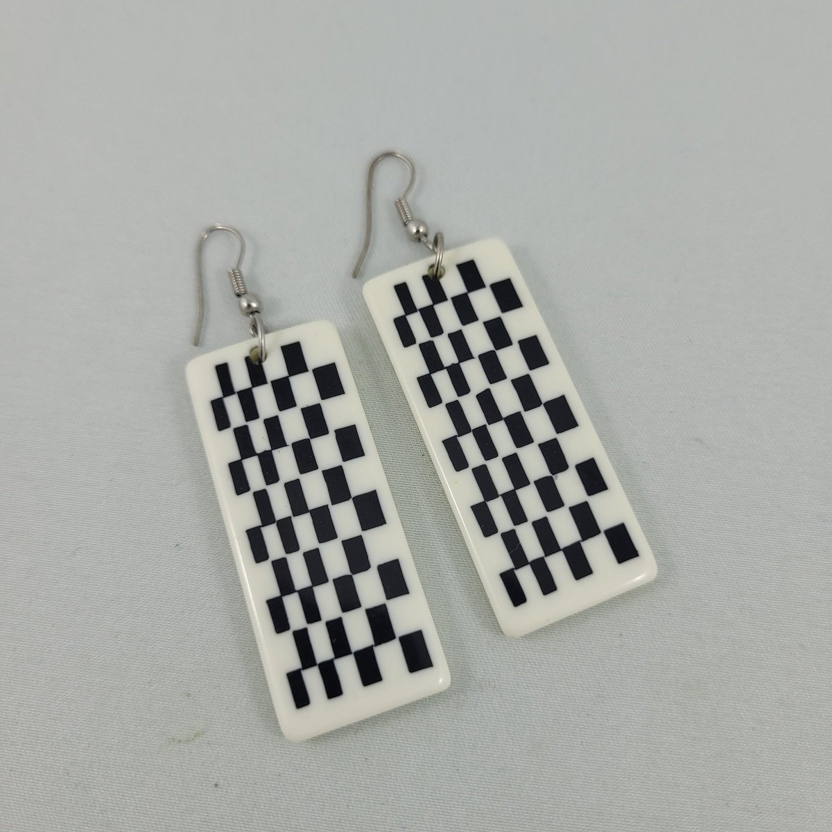 Black and White Checkerboard Lucite Rectangular 2.65 Inch Drop Pierced Earrings