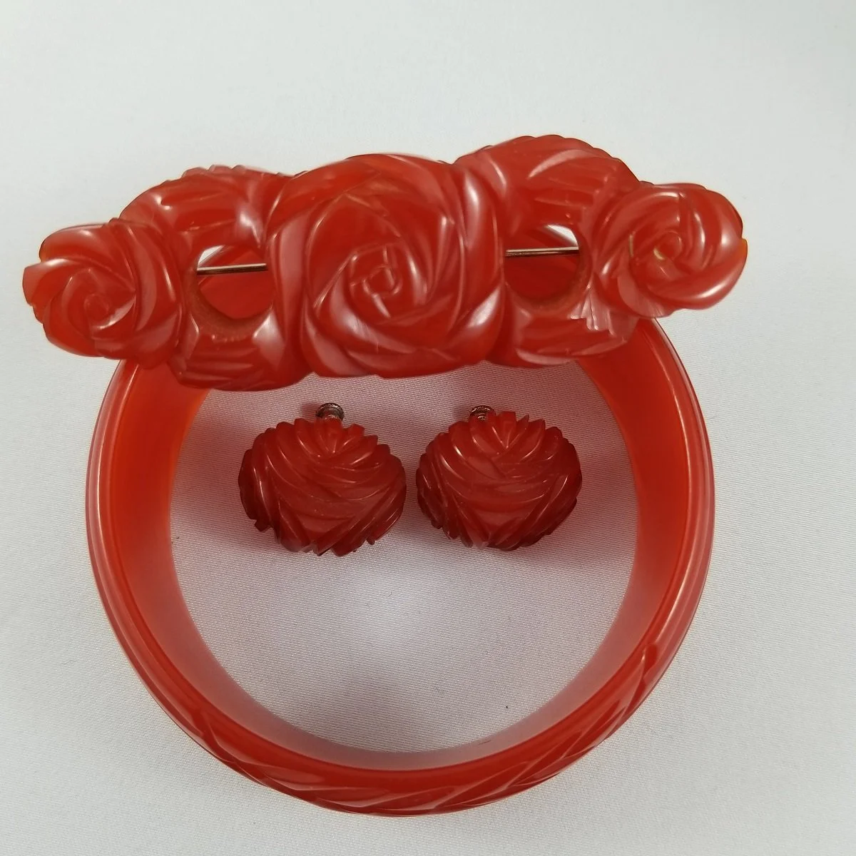 Art Deco 1930's Carved Cherry Juice Bakelite Leaf and Rose Motif Demi-Parure Bracelet Brooch and Earrings -5.jpg