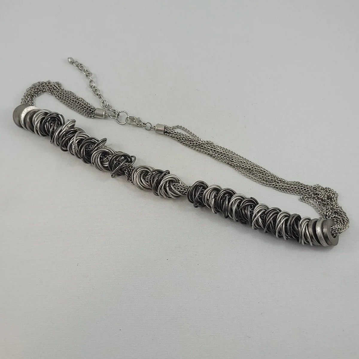 Steampunk Multi-Strand Duo-tone Silver-tone Curb Chain Flat Washers and Hoops 23.5 Inch Adjustable Matinee Necklace Side View