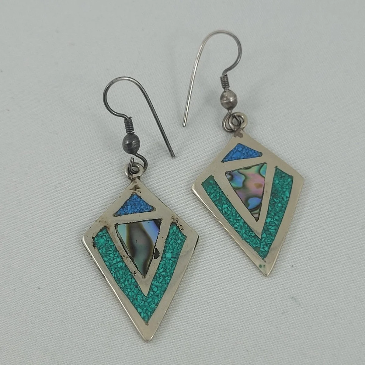 Alpaca Mexico Mexican German Silver Turquoise Chip Abalone Inlay 2 Inch Drop Pierced Earrings