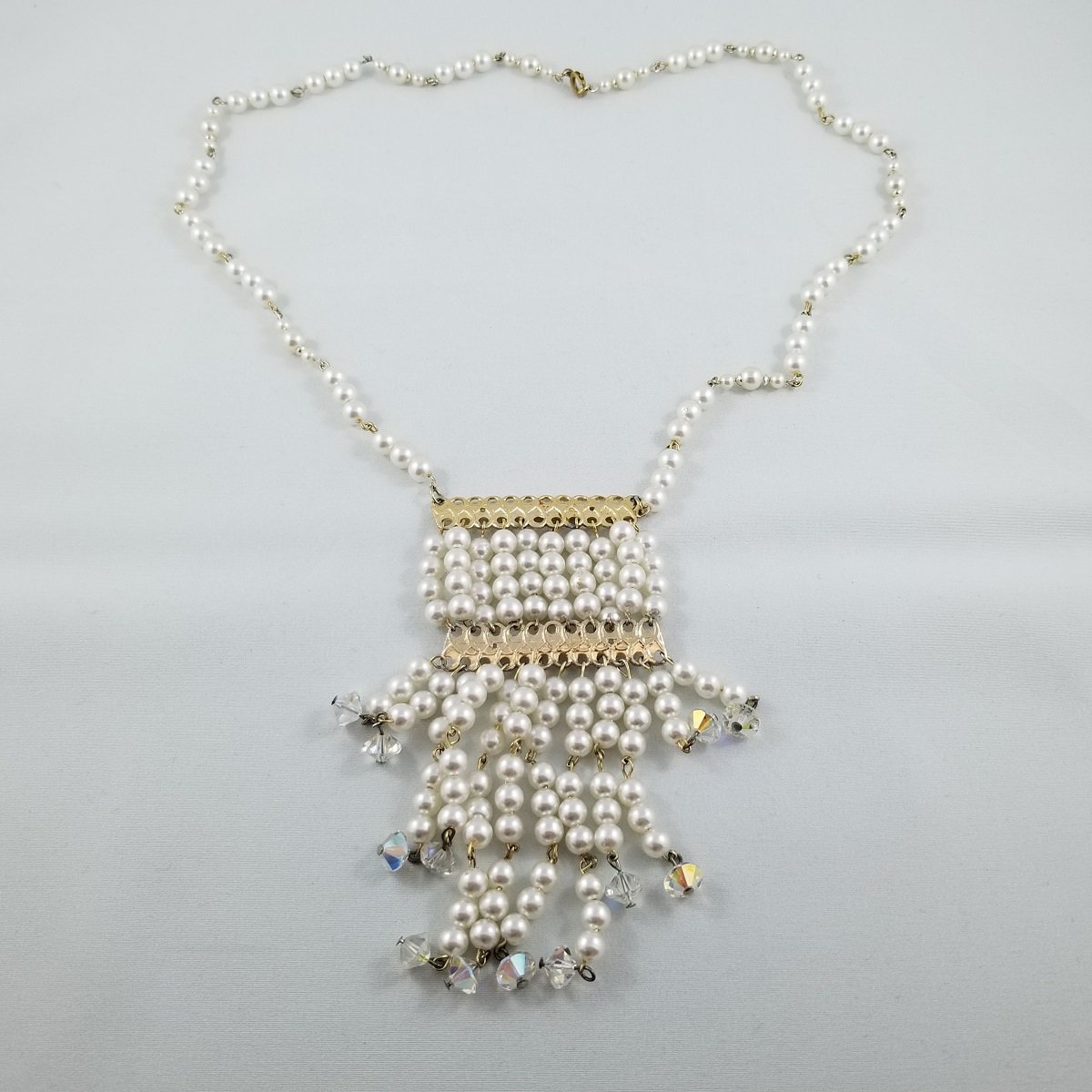 Hollywood Regency Bib Festoon Swarovski AB Pearl Waterfall Necklace -2.jpg