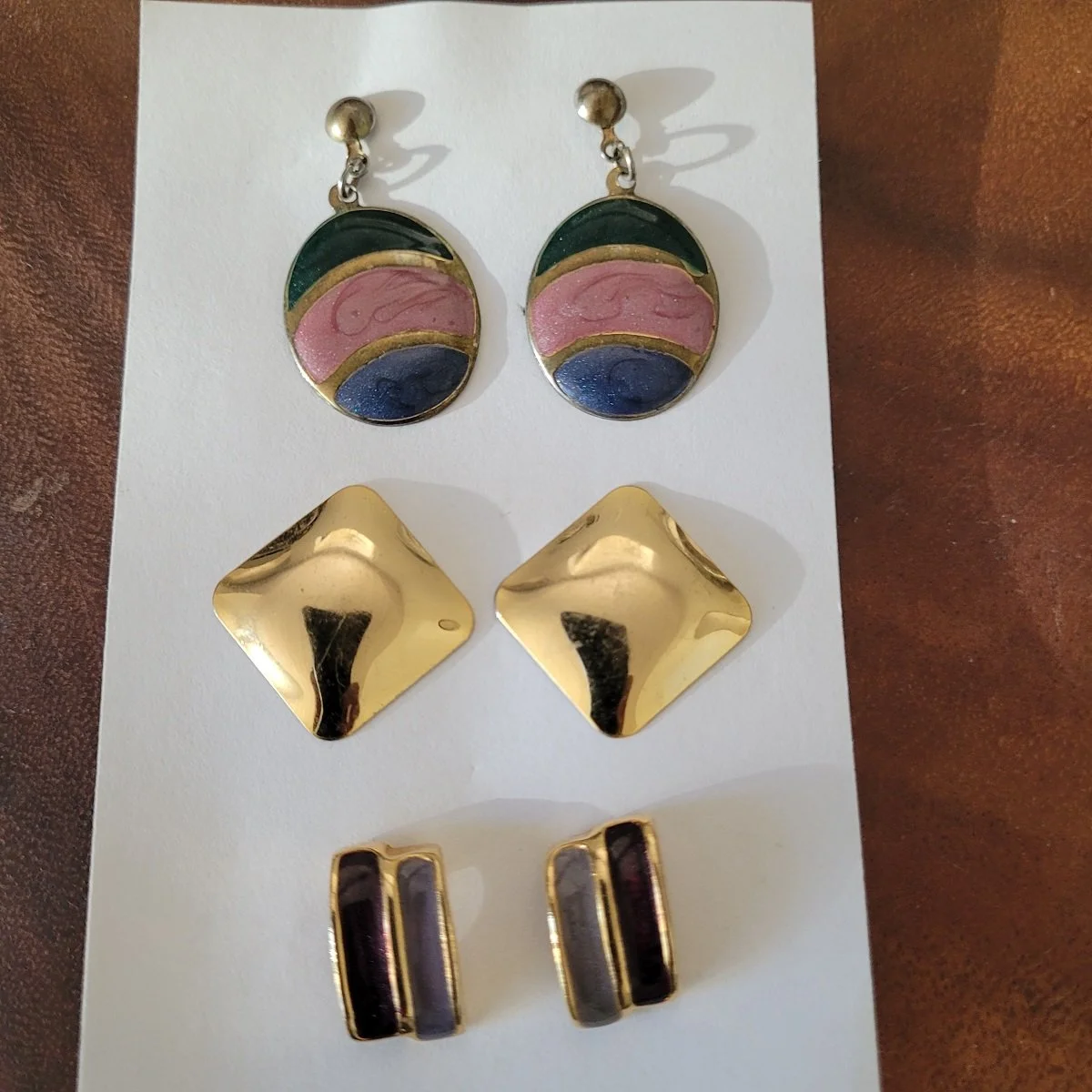 THREE PAIRS - 1960's - 1970's Sparkle Enamel Gold-tone Pierced Earrings