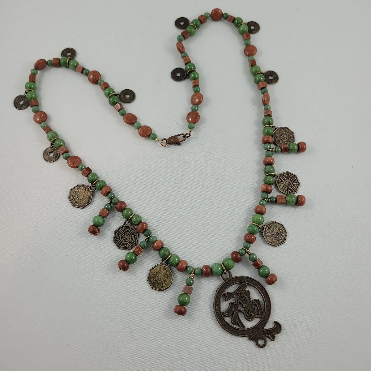 Chinese Fu Talisman Bagua Coin Fringe Green Aventurine Goldstone Antiqued Copper Artisan Hand Strung Matinee Necklace.jpg