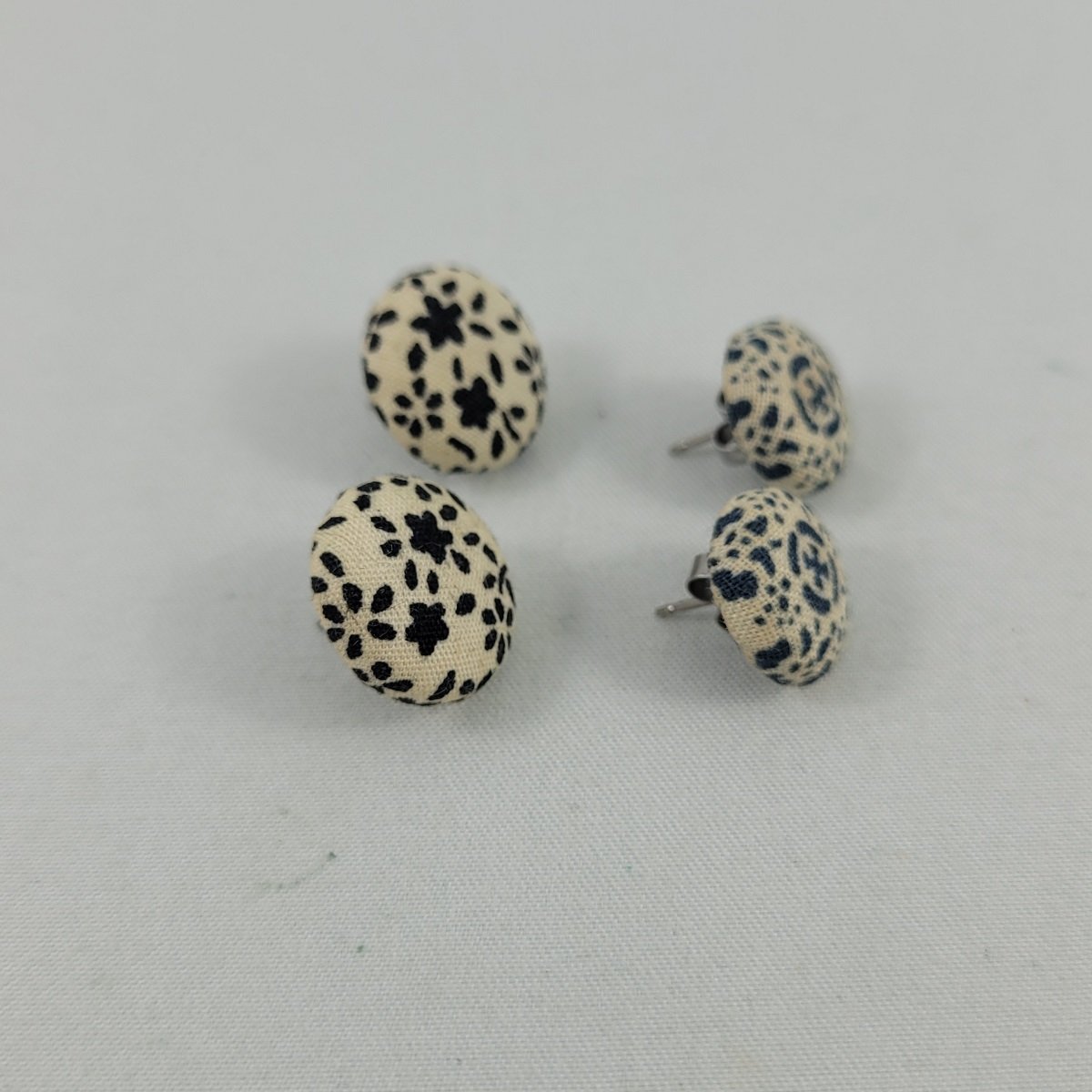 Two Pairs - Fabric Covered Black White Floral and Navy Cross 14.6mm 12.3mm Round Button Pierced Earrings Side View
