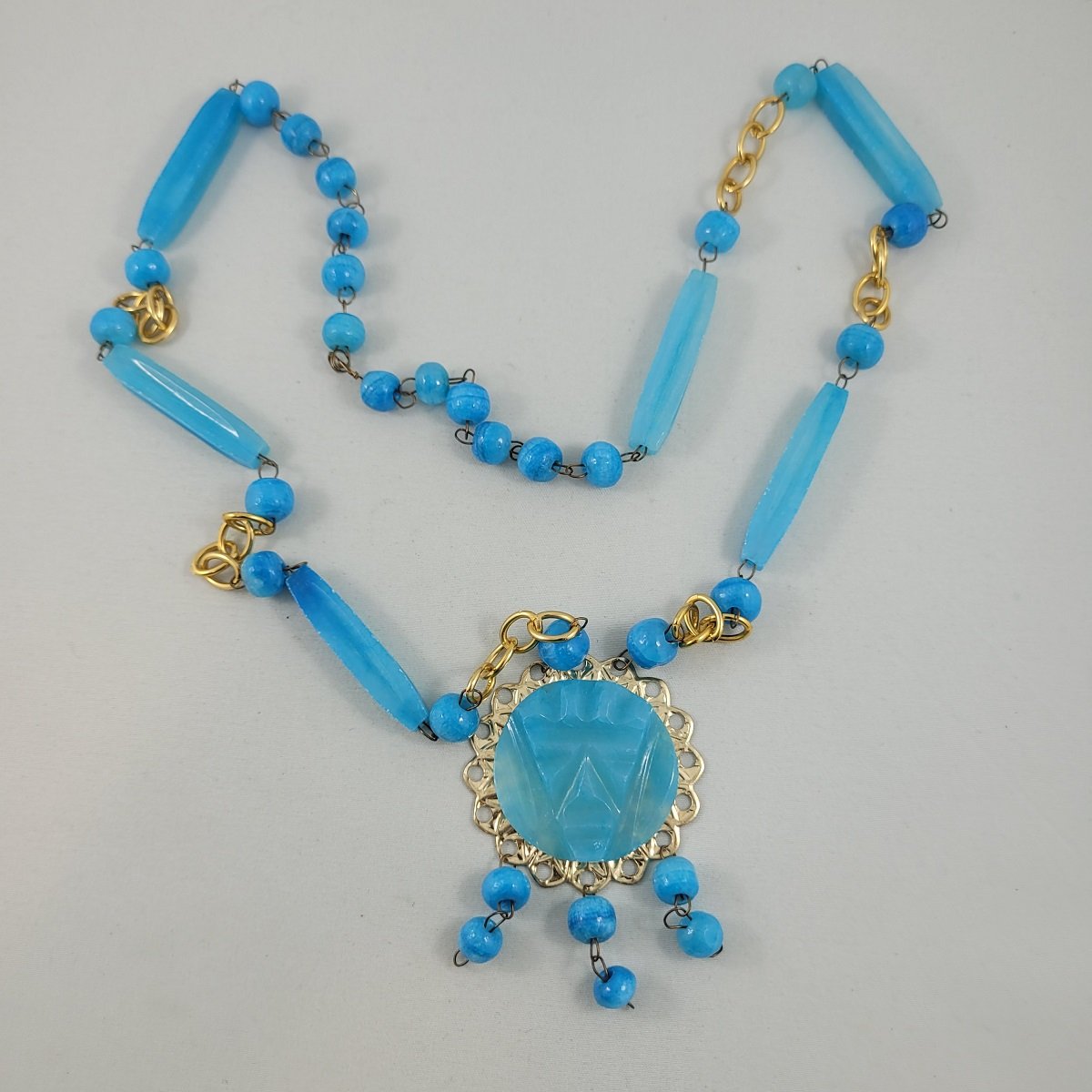 Boho 1970's Mexican Mayan Aztec Tribal Carved Warrior Mask Blue Agate Stone Gold Filigree Pendant Tubular Round Bead Wire Necklace