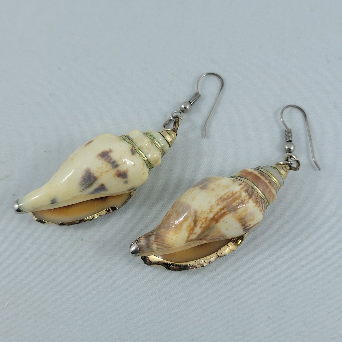 Conch Shell Seashell Gold Trim 2.75 Inch Drop Pierced Earrings Side View