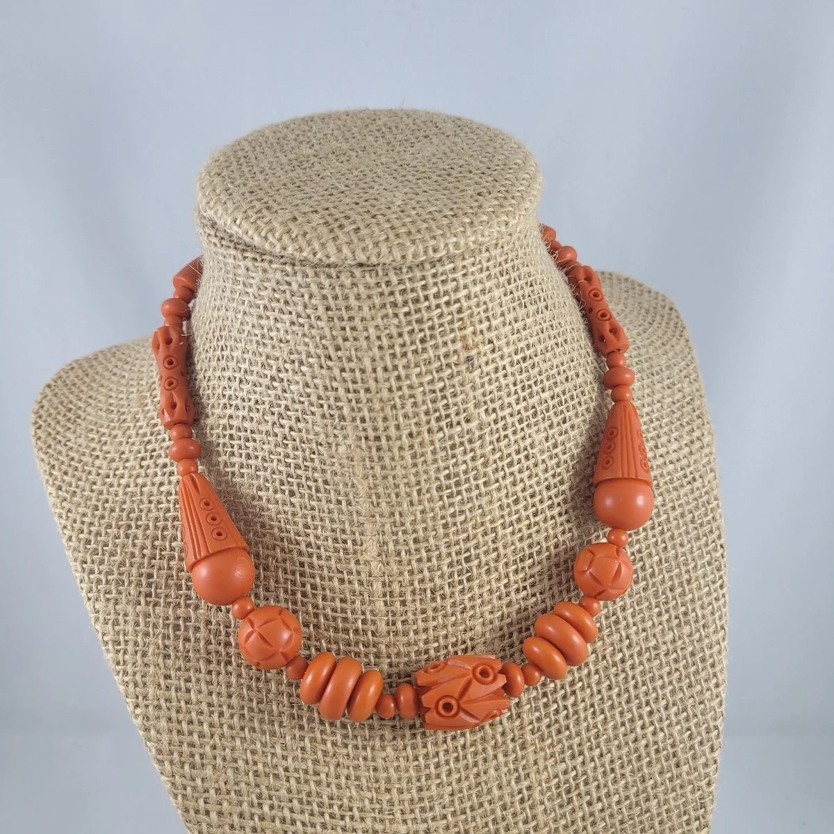 Galalith Casein French Bakelite Art Deco Coral Colour Hand Carved Beaded Choker Necklace Hidden Barrel Clasp.jpg (Copy)