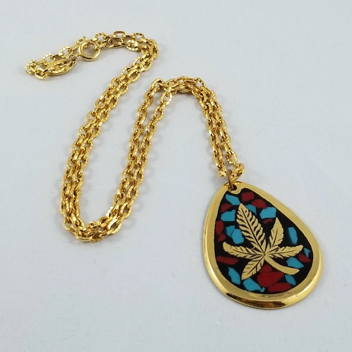 Vendome Carnelian Lapis Stone Mosaic Inlay Hemp Leaf Gold-tone Pendant Necklace
