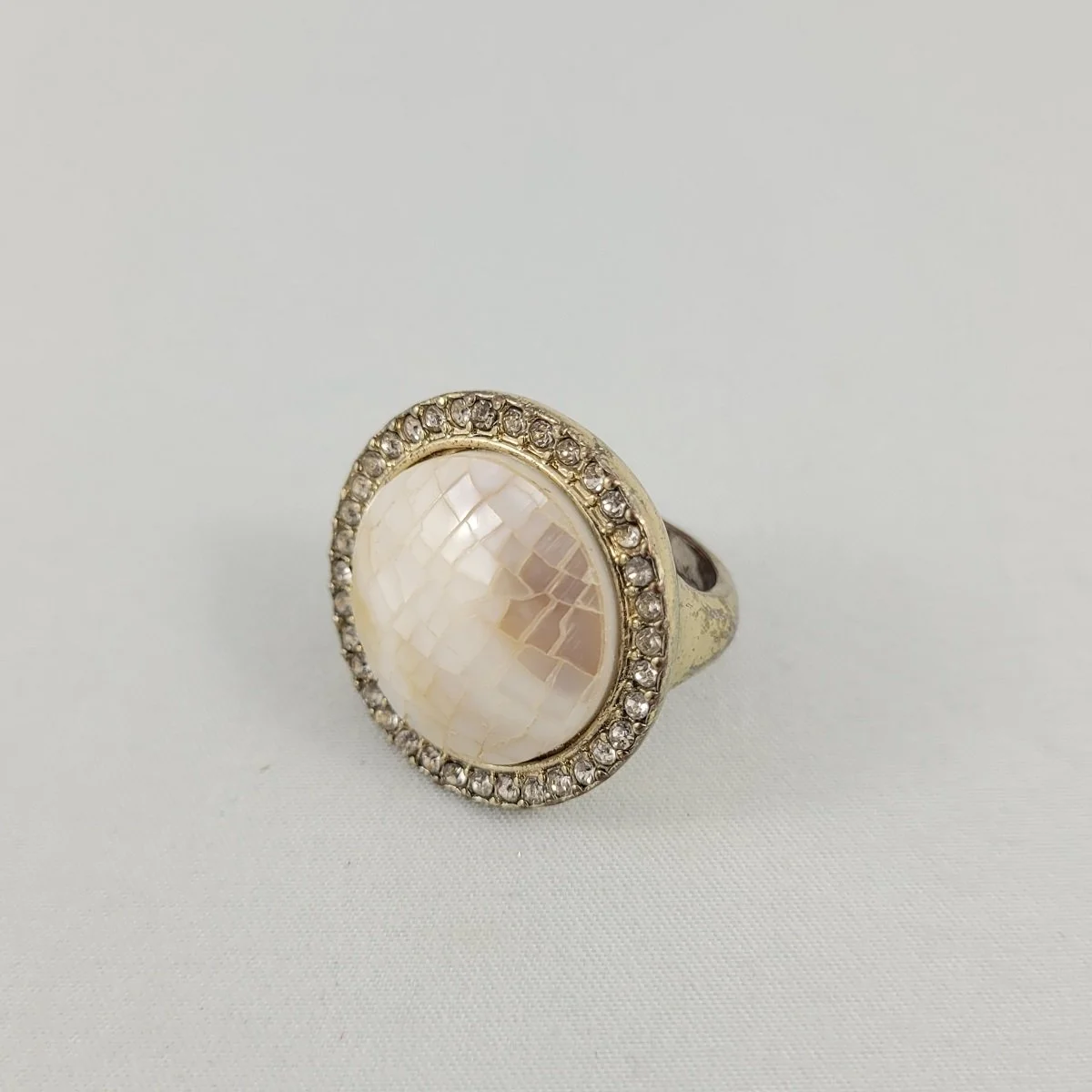 Plated Copper Channel Set Crystal Rhinestone Border Mosaic Mother of Pearl Shell Domed Cabochon 26.3mm Cocktail Ring Size 6.5 Left Side
