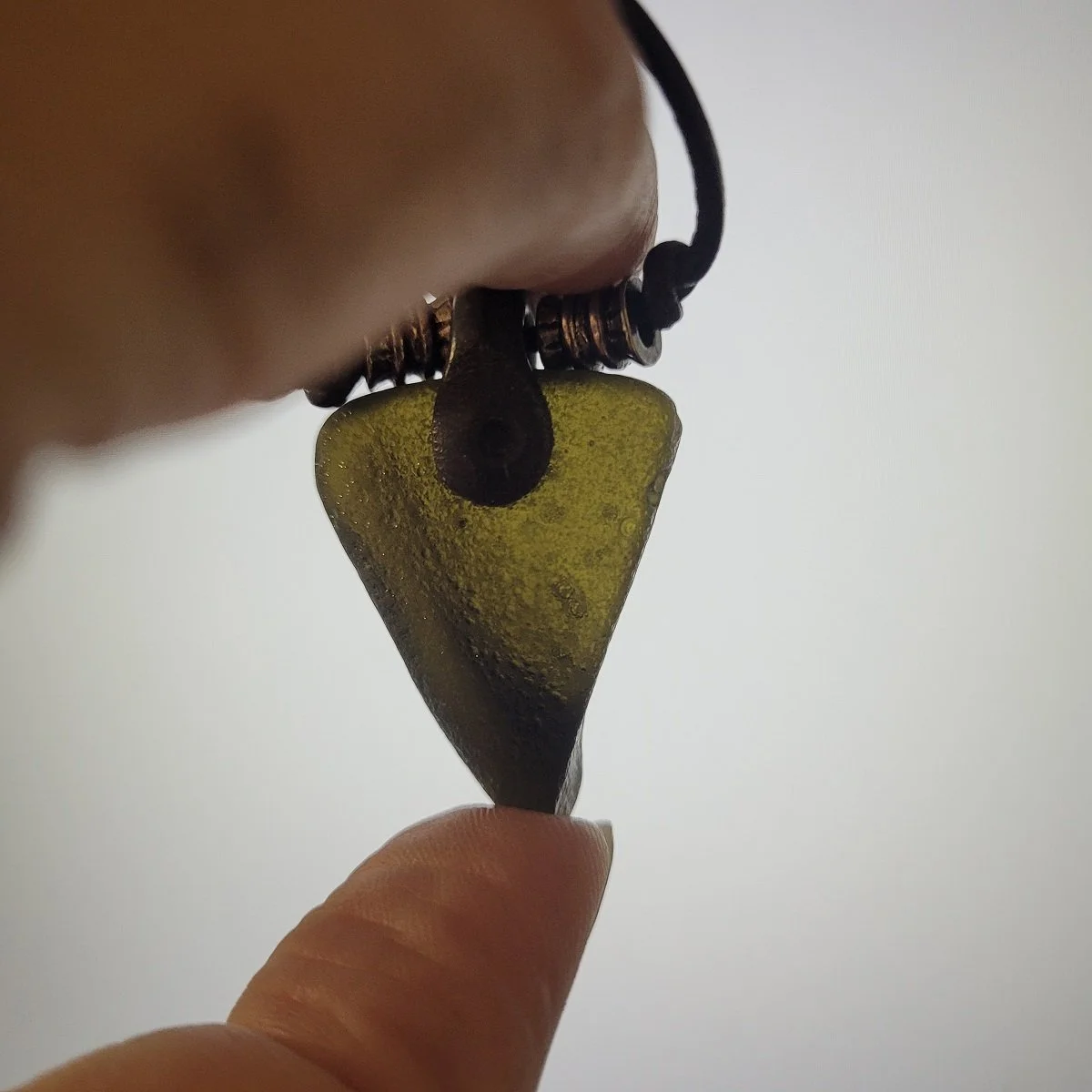 Rough Moldavite Tektite Irregular Shard Triangular Pendant Affixed Clay Bail Adjustable Cord Necklace.jpg