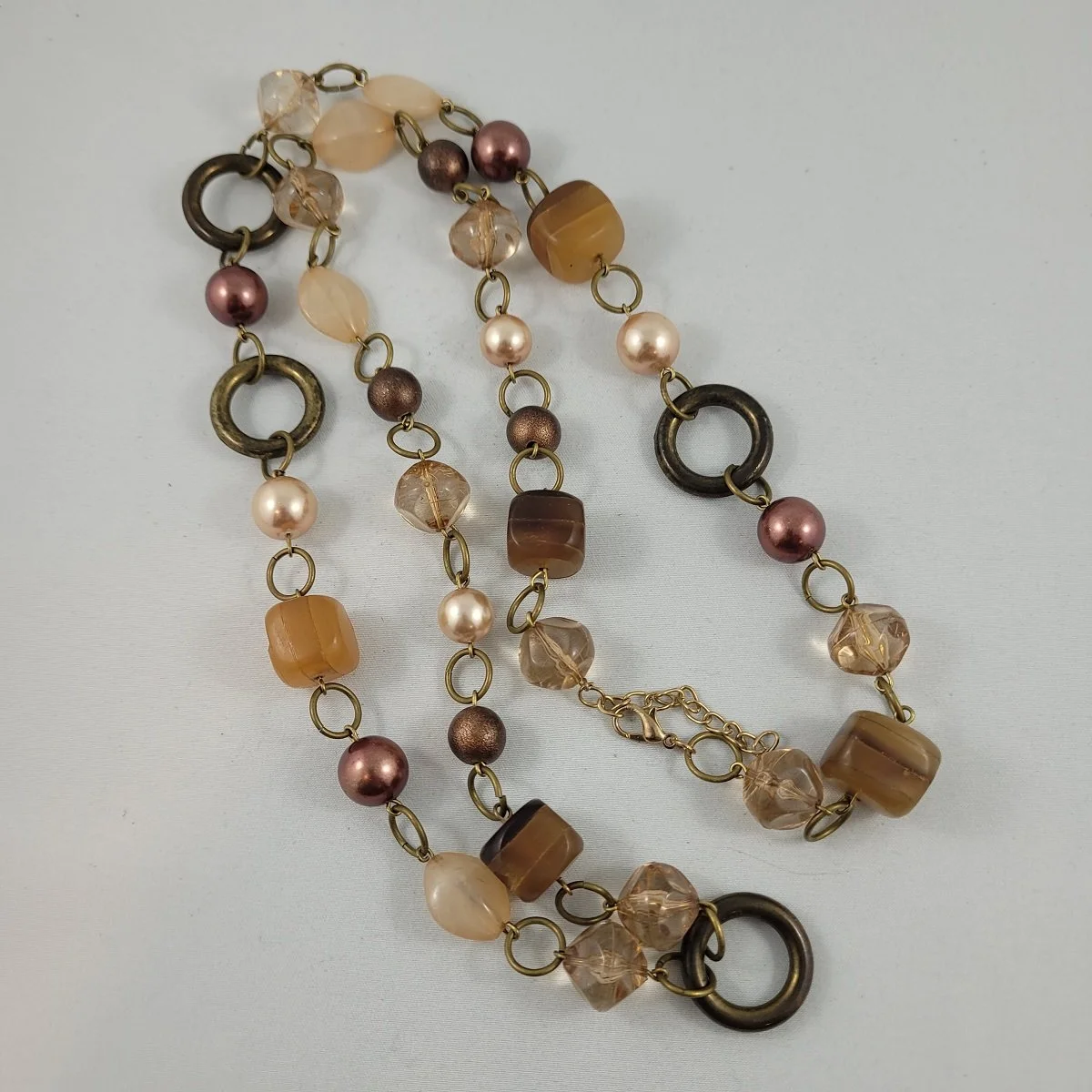 Simulated Amber Gemstone Cube Faux Pearl Faceted Multi Bead Round Brass Link Opera Necklace.jpg