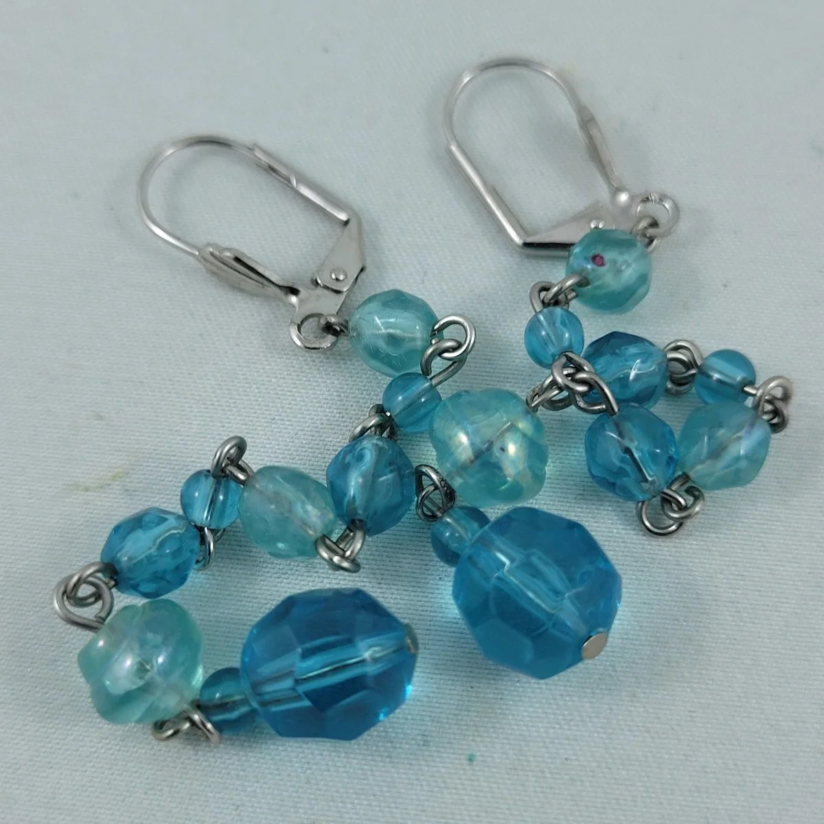 1950's Duo-tone Baby Blue Faceted 4 Inch Drop Lucite Bead Silver Lever Back Pierced Earrings -4.jpg