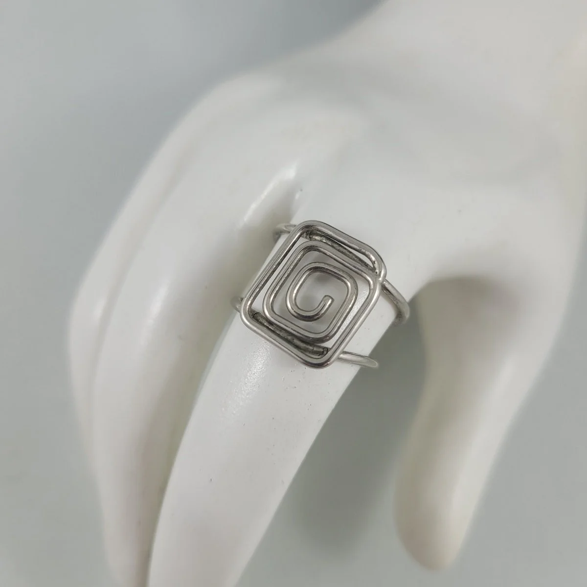 Silver Plated Copper Square Spiral Adjustable Open Cuff Wire Ring Front View