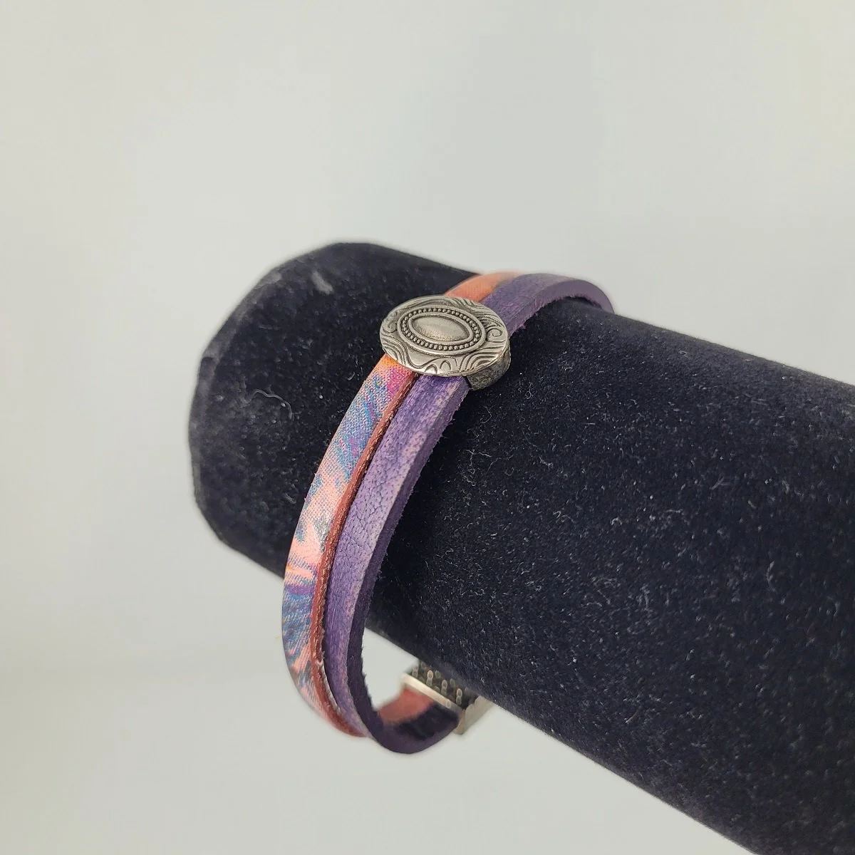 Boho Purple Pink Tie Dyed Style Double Band Leather Magnetic Clasp 8 Inch Bracelet with .625 Inch Silver-tone Oval Slide Pendant -1.jpg