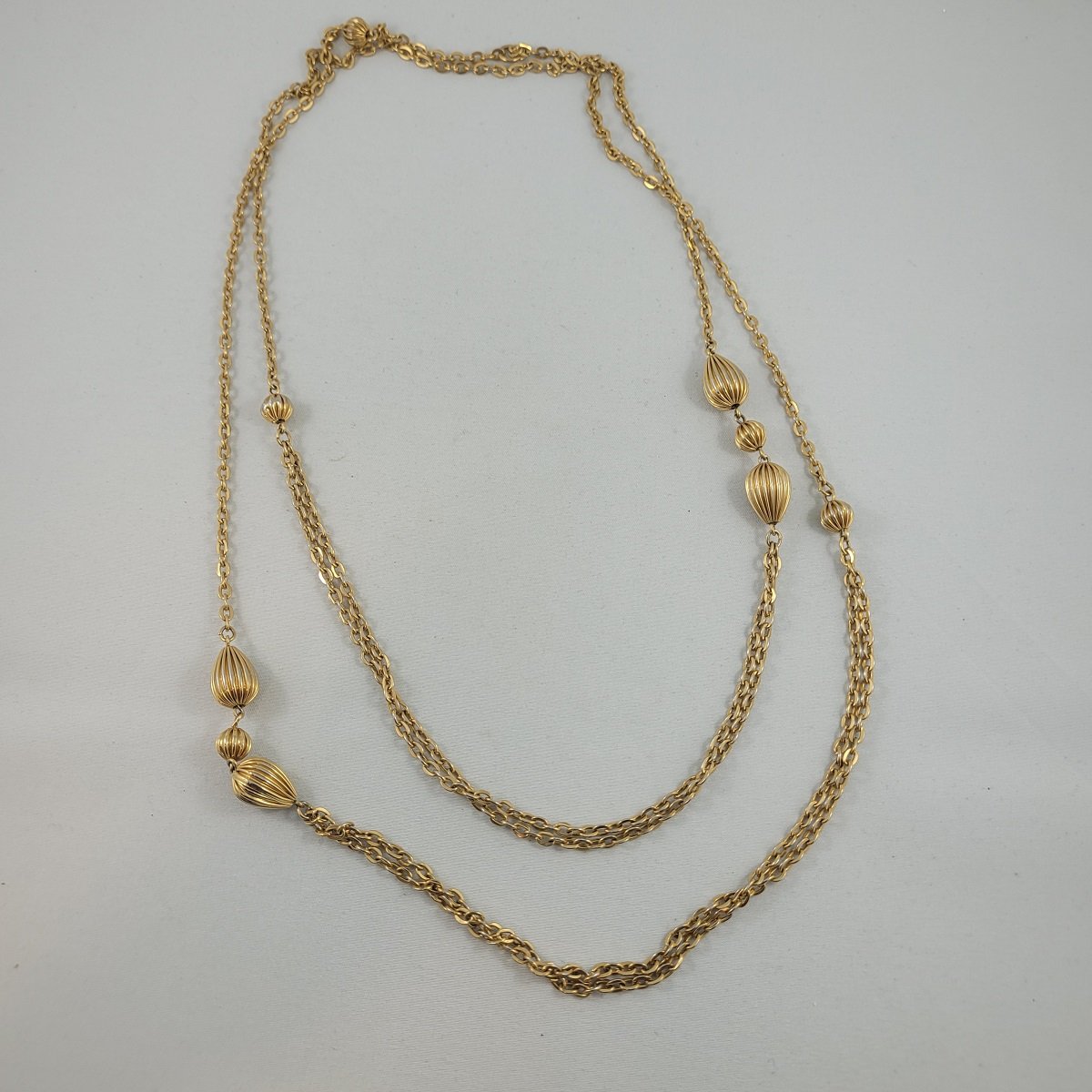 Double Gold Flat Cable Chain Fixed Ribbed Beads 54 Inch Rope Necklace Front View
