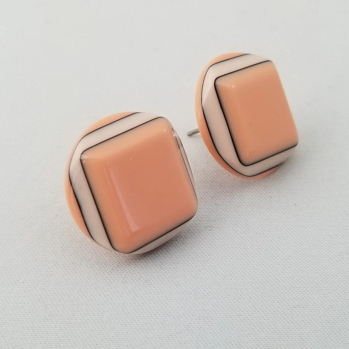 Lea Stein Paris Attributed Peach Pink Laminated Rhodoid Round Square Pyramid Pierced Earrings -1.jpg