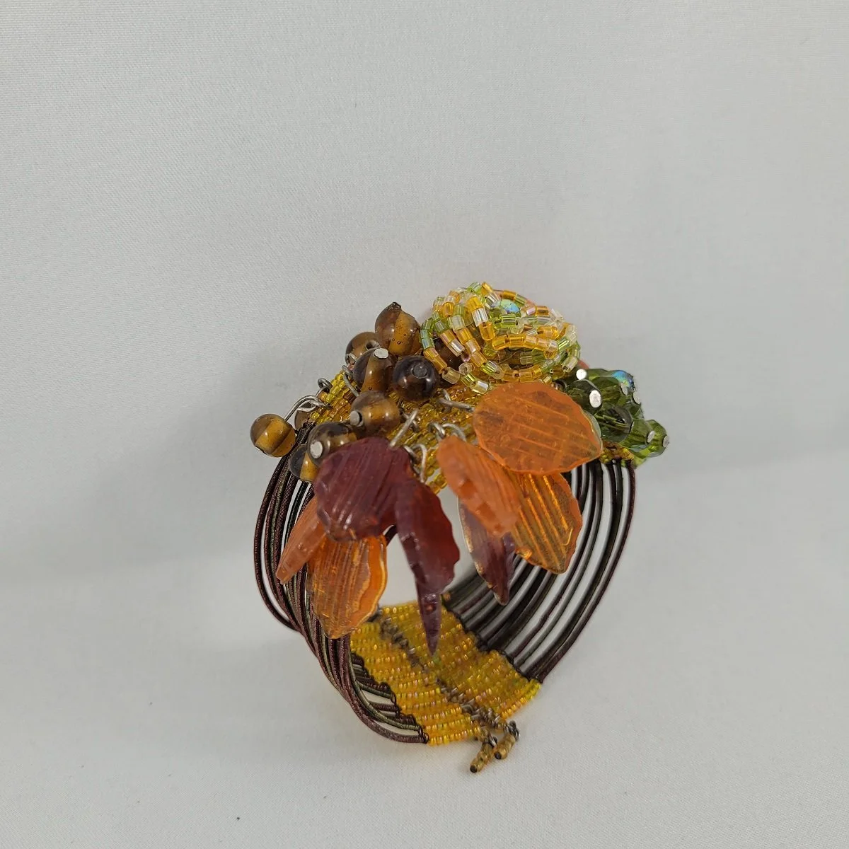 Haskell Hess Inspired Multi Strand Memory Wire Autumn Theme Glass Bead Cluster Leaf Drops Open Cuff Wrap Bracelet -1.jpg